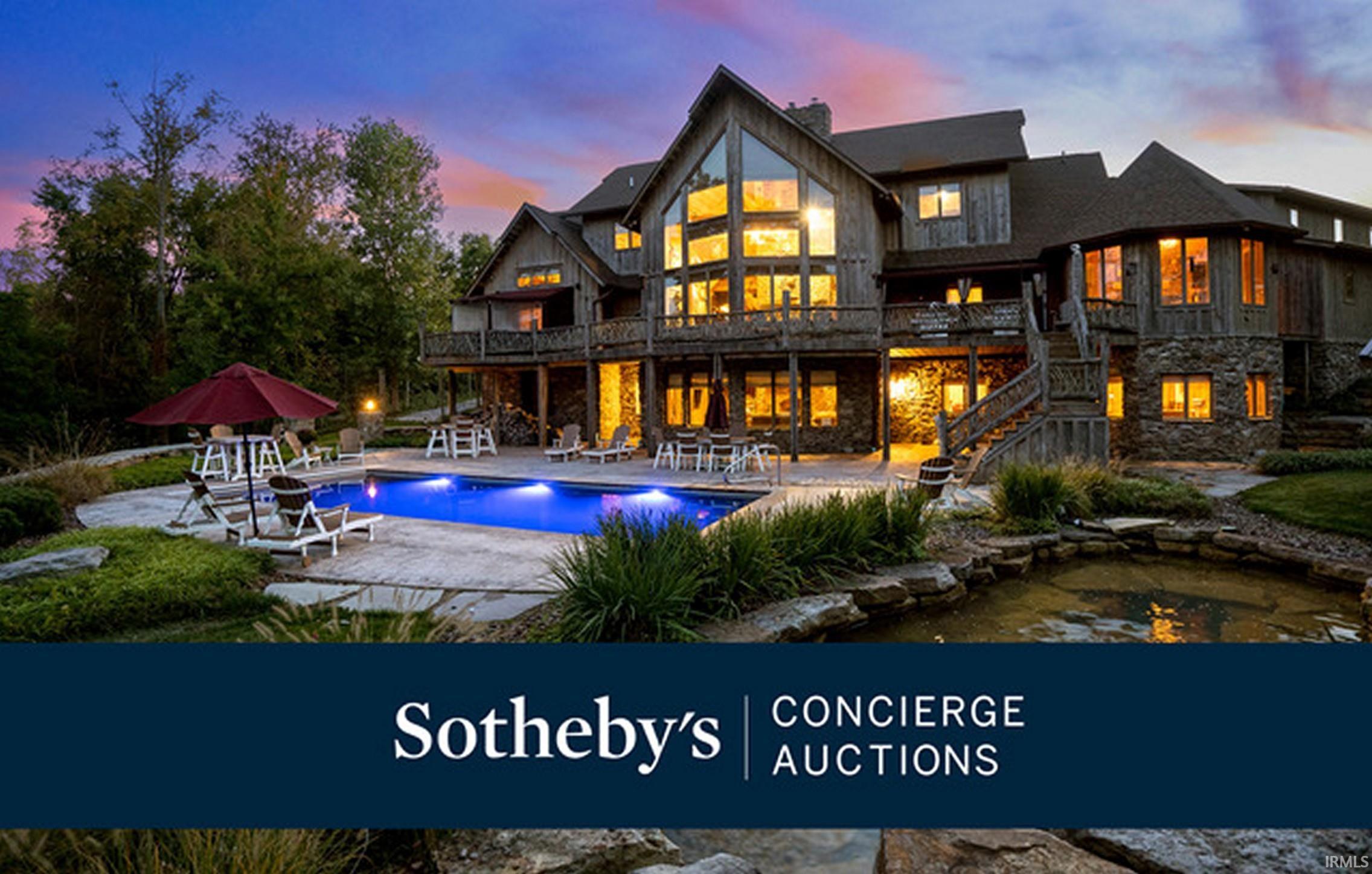 AUCTION: BID 16–30 MAY. Listed for $3.495M. No Reserve. Starting Bids Expected Between $900K–$1.6M.  Camelot Ridge Resort is an outdoorsman's oasis in the heart of Indiana. This hunter's retreat boasts an expansive estate with 170-plus acres of pristine hardwood trees, rolling hills, miles of trails, and a serene lake that give way to a majestic lodge. Experience nature's glory in every season across this six-bedroom estate built with reclaimed lumber featuring soaring ceilings, with abundant wildlife available and many established hunting rifle, bow, and tower blinds throughout the property. Use this retreat as your personal adventure retreat or for hosting large groups. The impeccable surroundings, both in the land and structures, will delight as you relax in the heated pool, enjoy ample seating around the fire pit, unwind in the 10-person hot tub, put your feet up in the theater room, or work out in the exercise room to refresh and prepare for the next day’s activities. Additional buildings include a barn, bunkhouse, professionally designed shooting range, and storage.