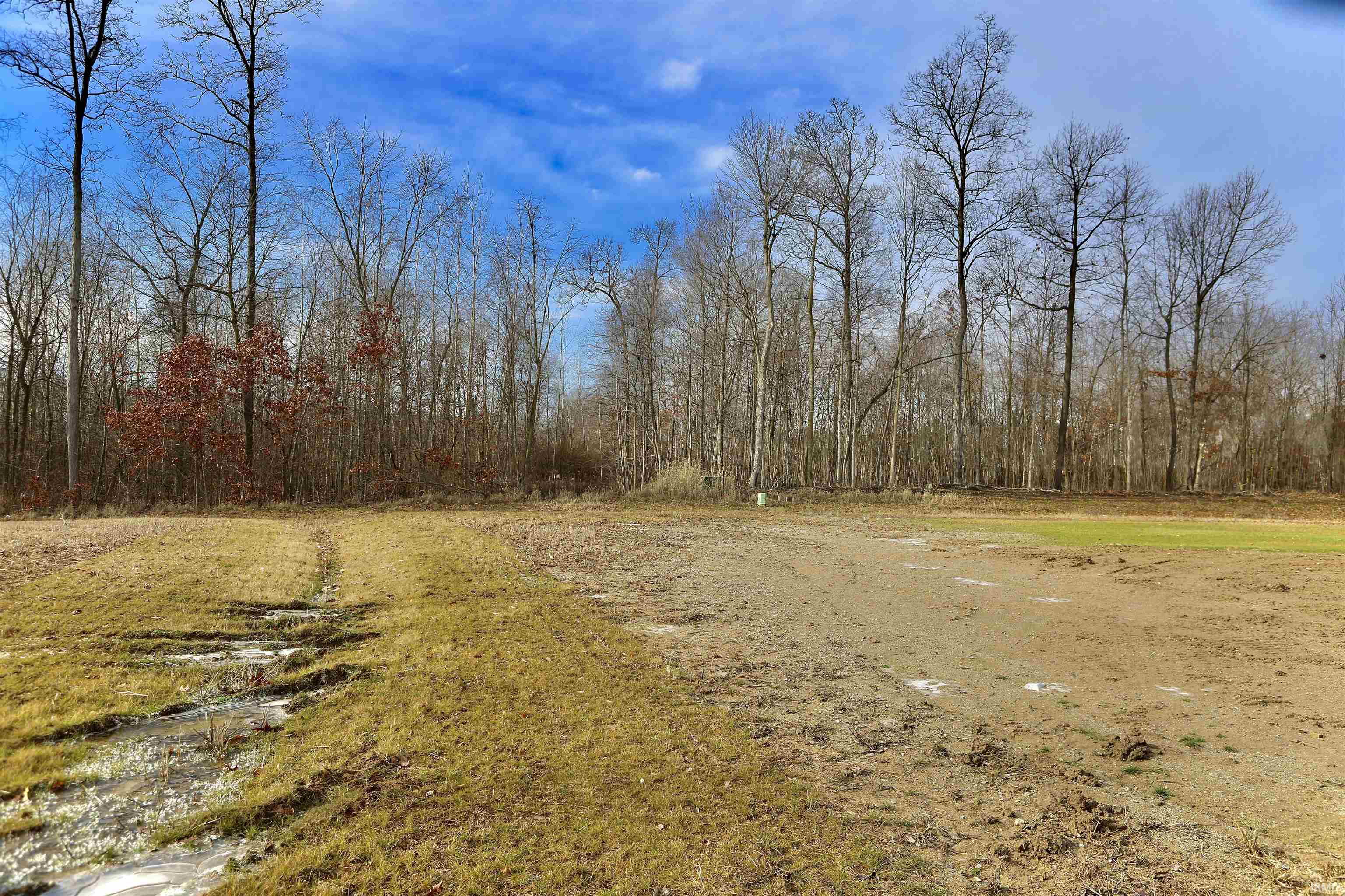 This image illustrates the view from the cul-de-sac's end, depicting the spacious section of the lot where a home can be constructed. The presence of a tree line adds a sense of privacy to property.