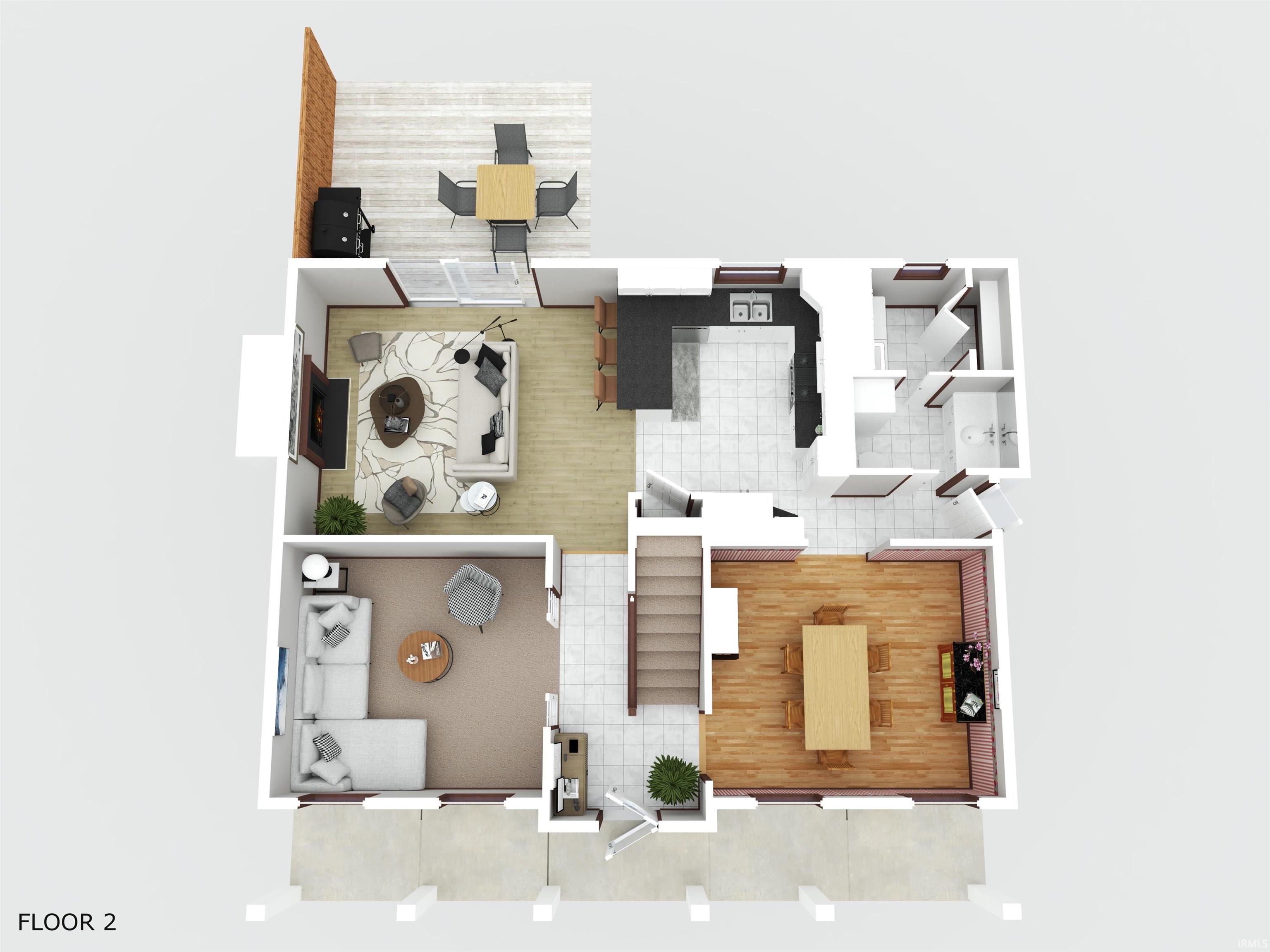 Kitchen, Office, Dining Room, Living Room w Gas Fireplace, and Deck