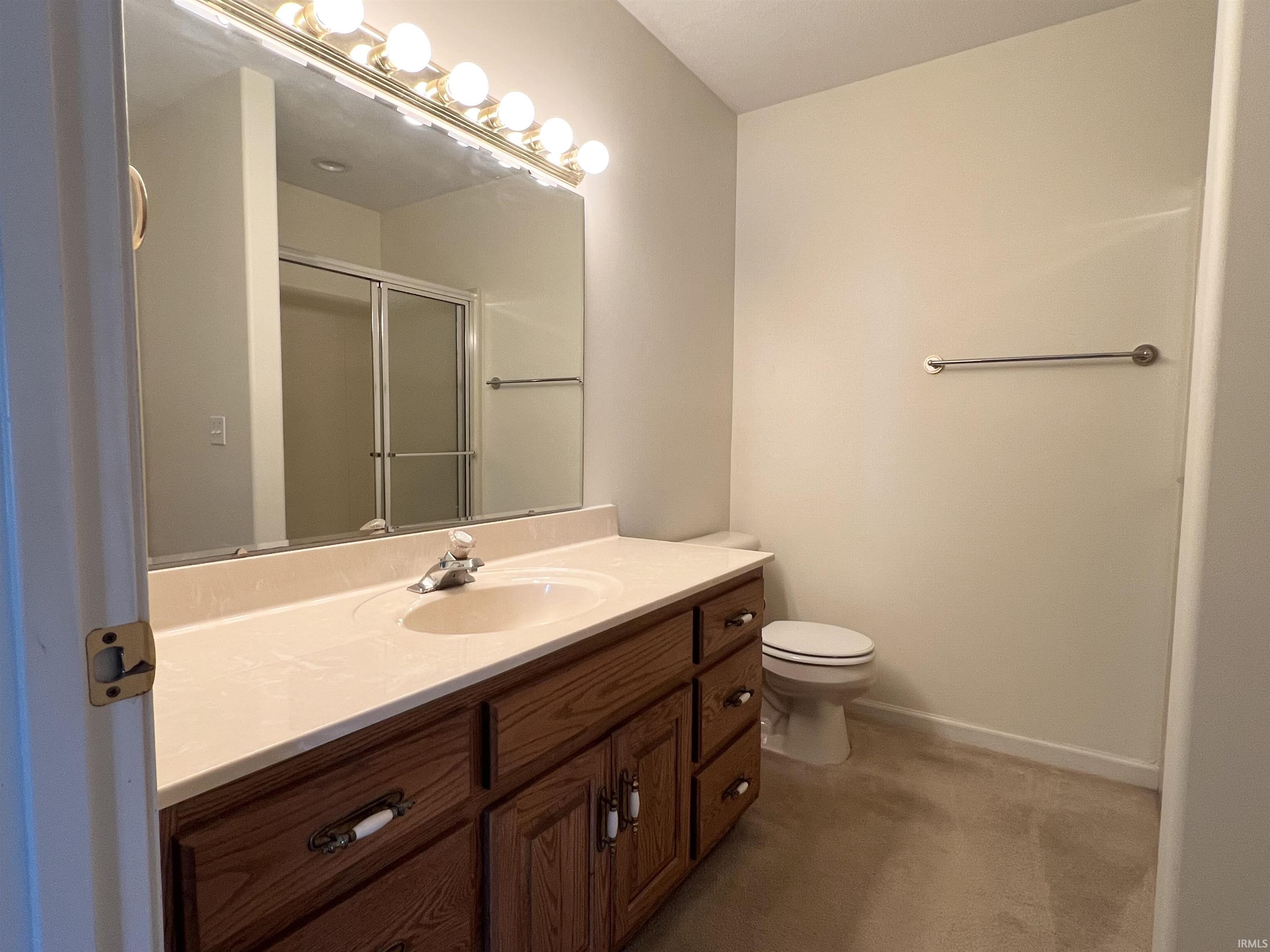 Full bathroom with vanity, a shower stall, and light carpet