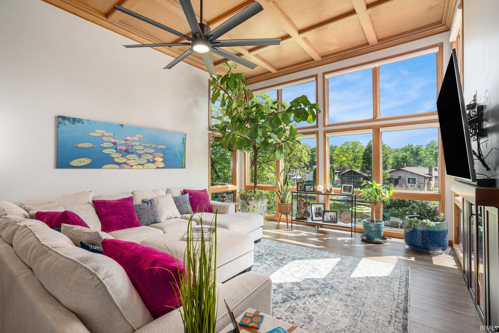 Beautiful Soaring Coffered Ceiling & Wall of Windows