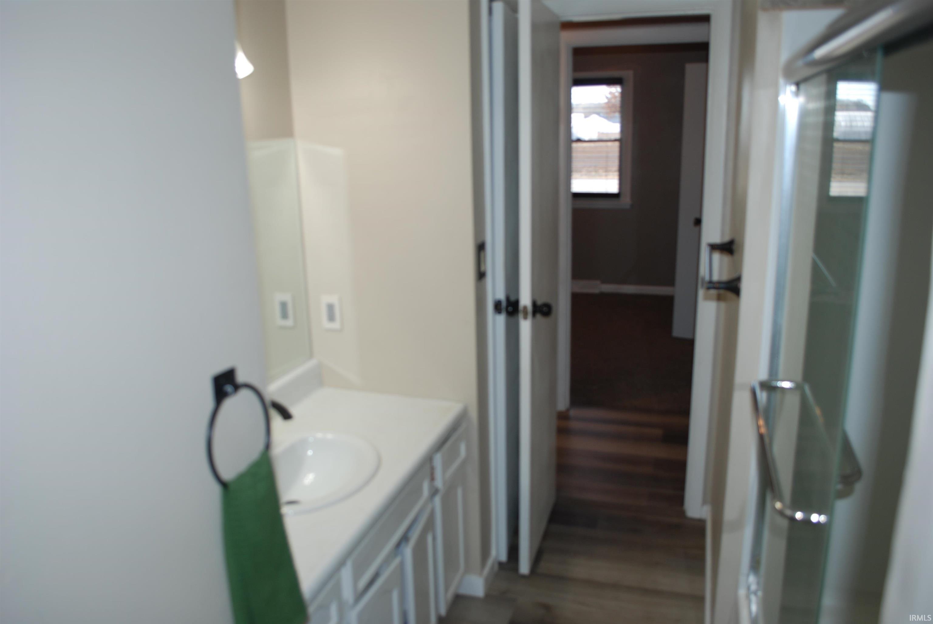 Bathroom featuring vanity and dark wood-style floors