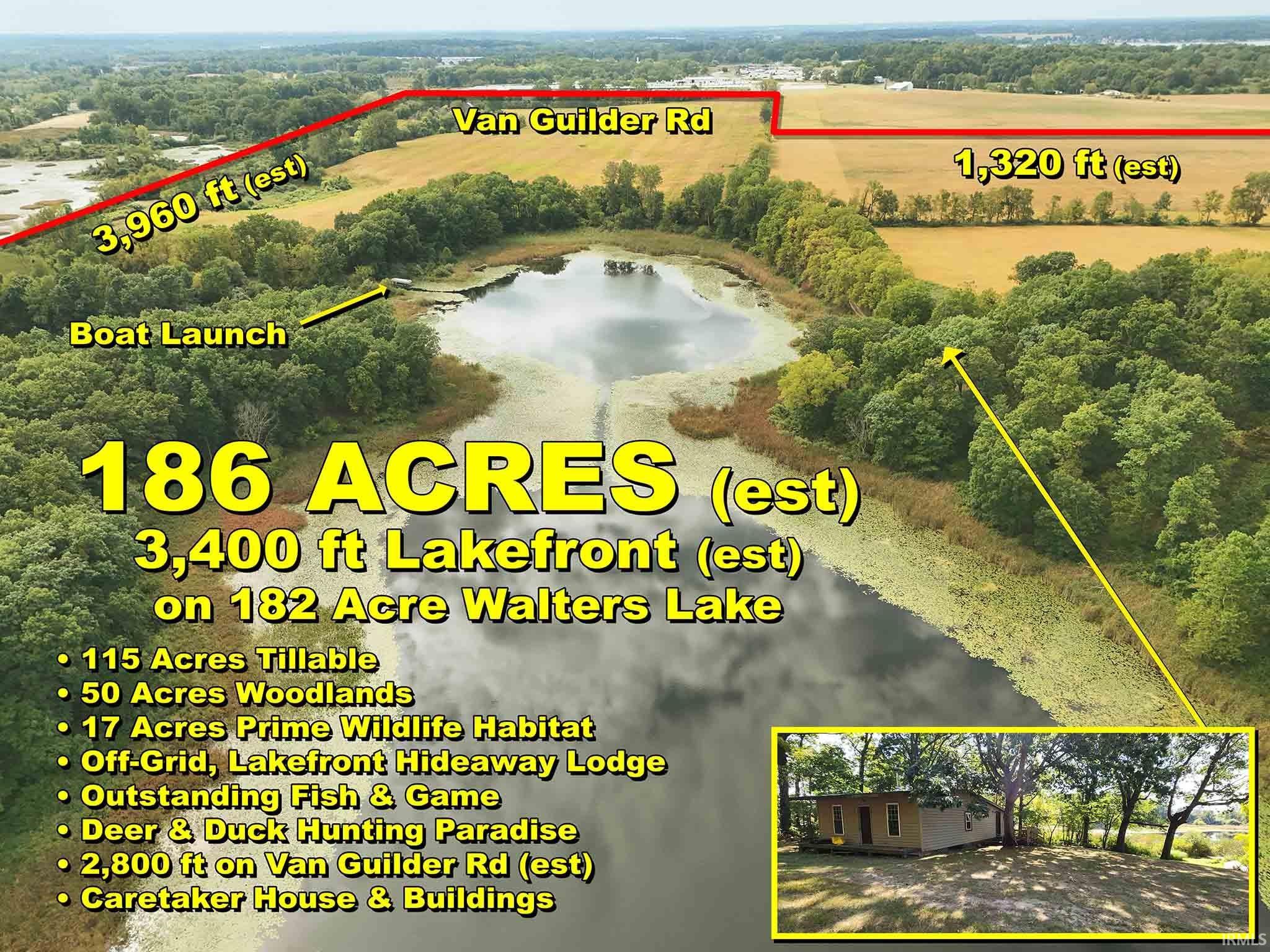 Aerial looking West from Walters Lake with Lakefront high wooded areas on both south and north sides of lake, high tillable to the West, and 2400 Ft Wetlands fronting high cover area south of drive going back to Van Guilder Rd.