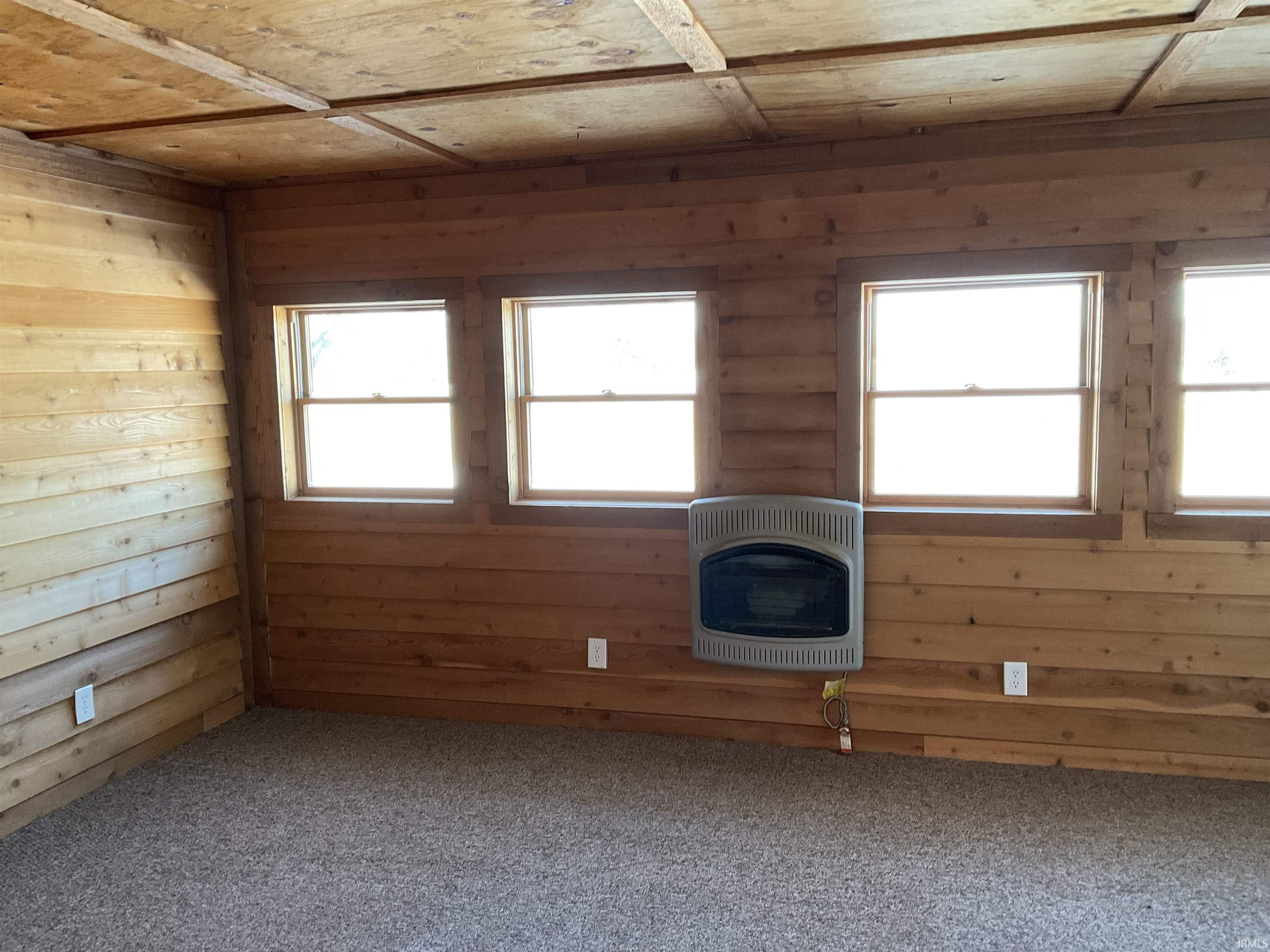 Carpeted spare room featuring heating unit, wood walls, and plenty of natural light