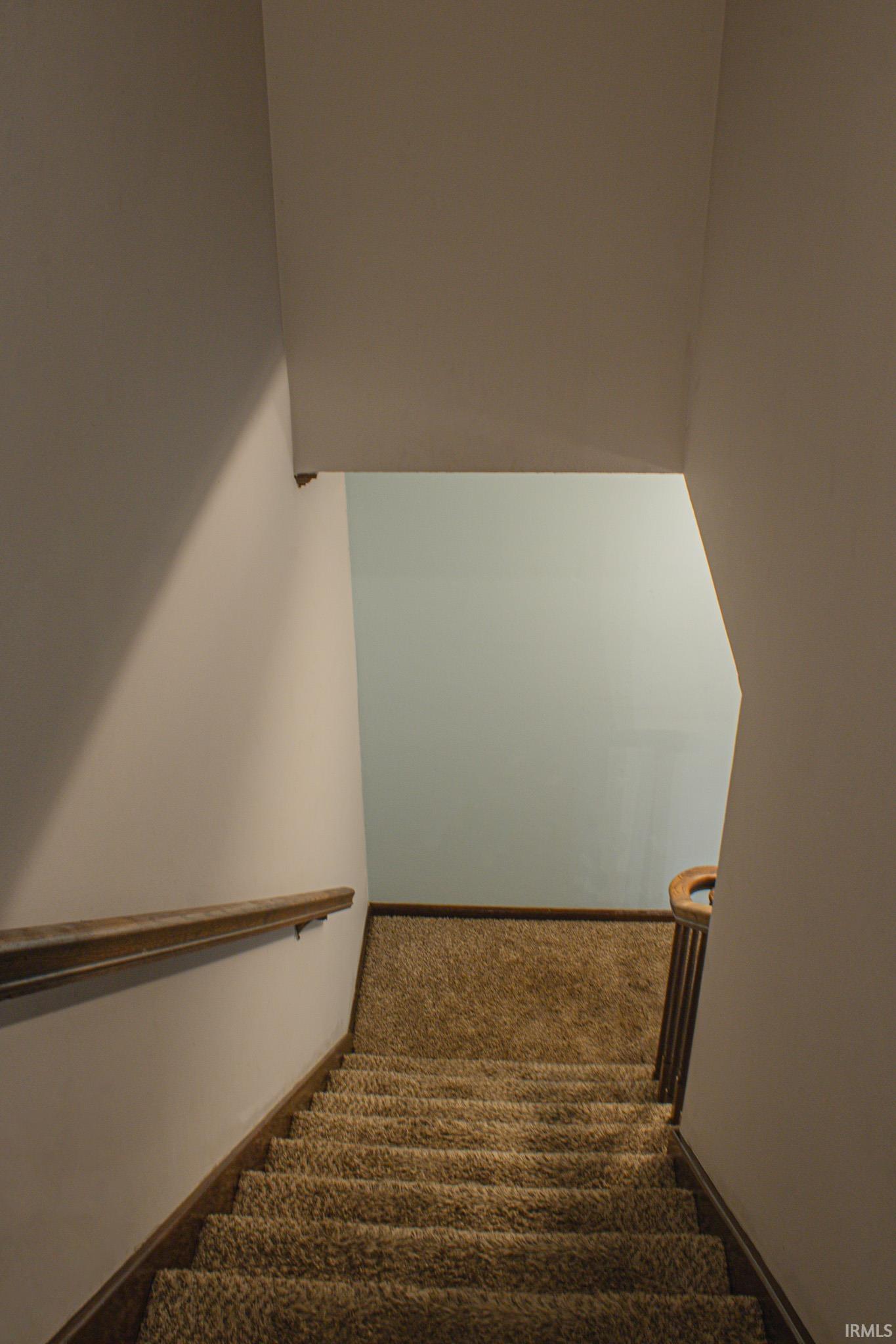 Staircase featuring carpet floors and baseboards
