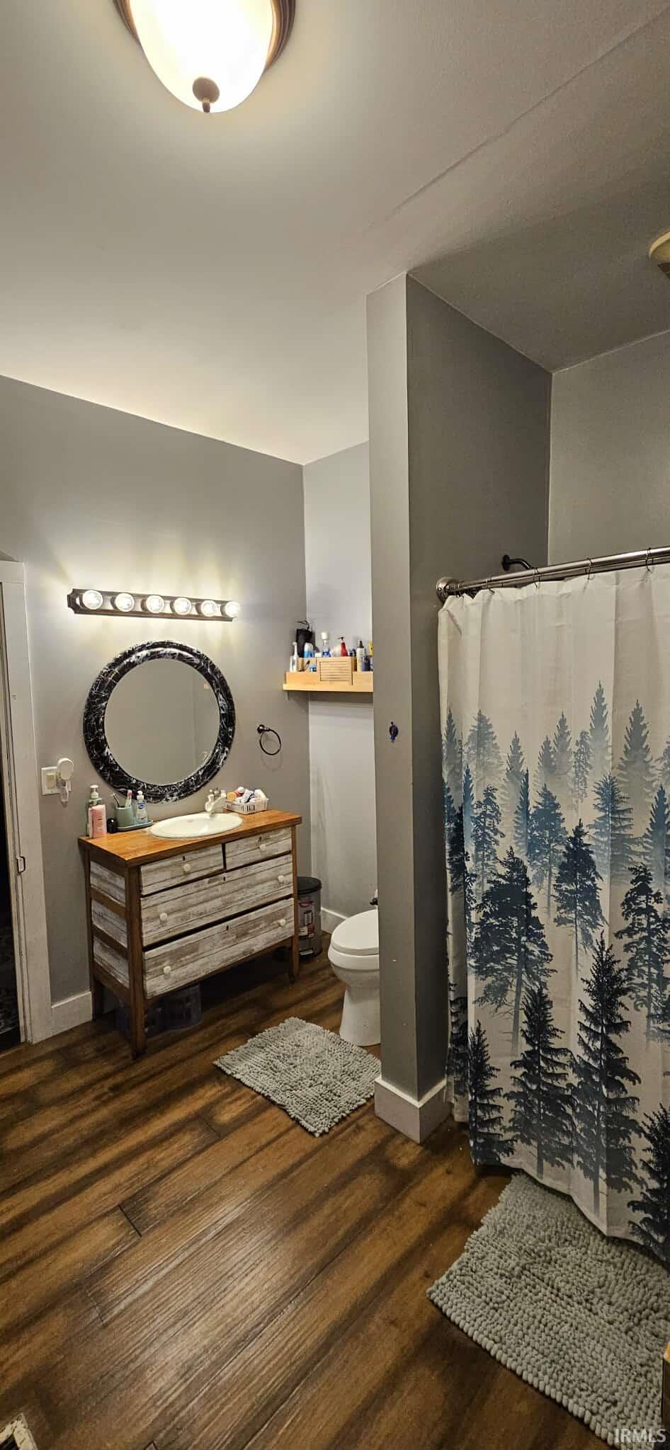 Bathroom with a shower with curtain, vanity, and dark wood-style floors