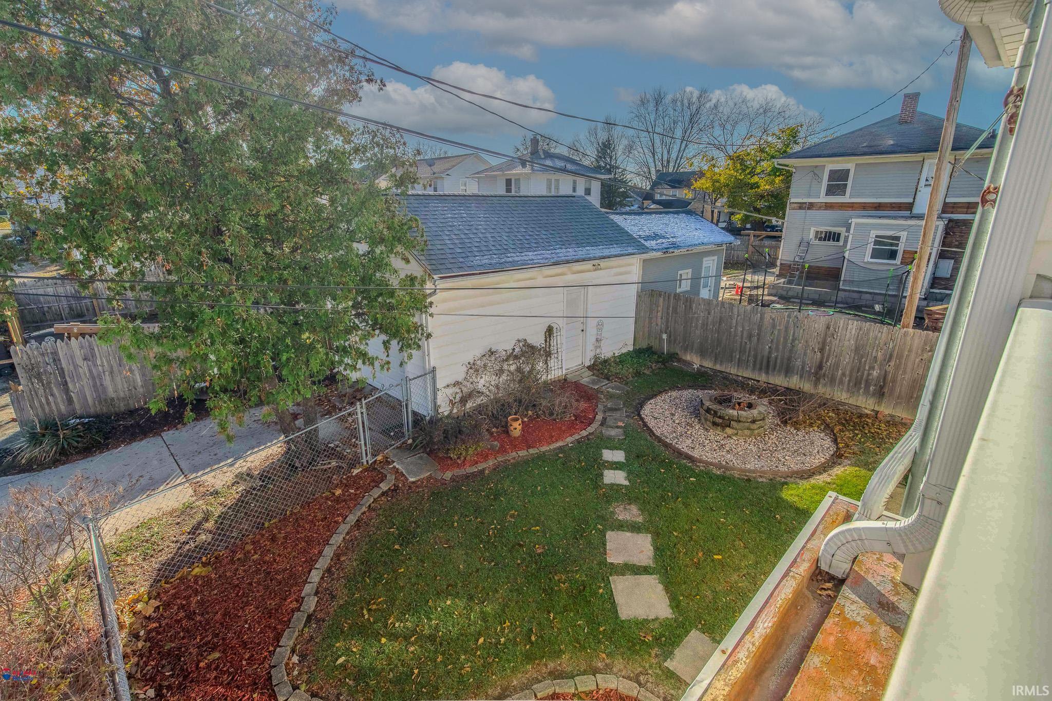Aerial view from Balcony of backyard & garage.
