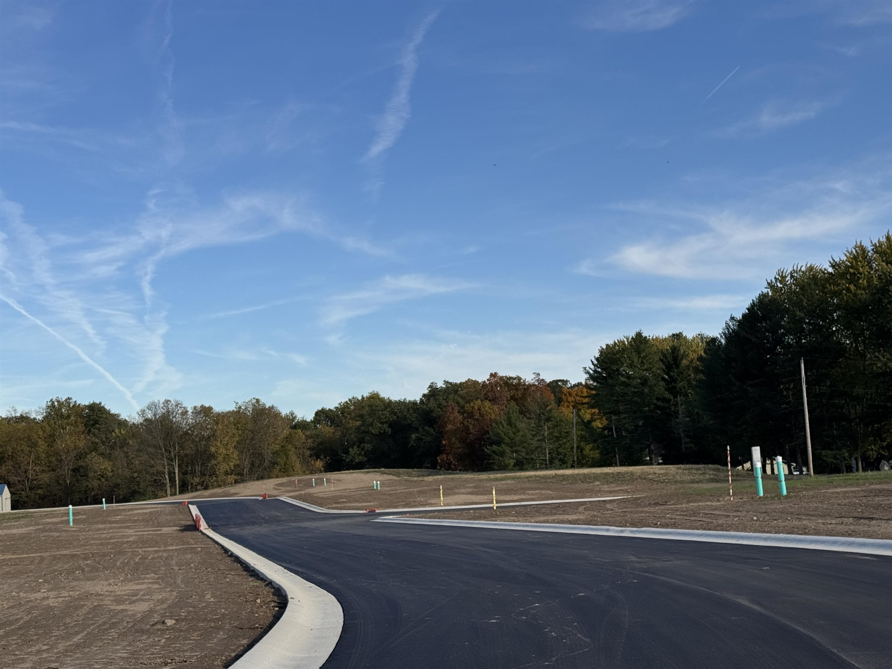 View of asphalt road with curbs and a wooded view