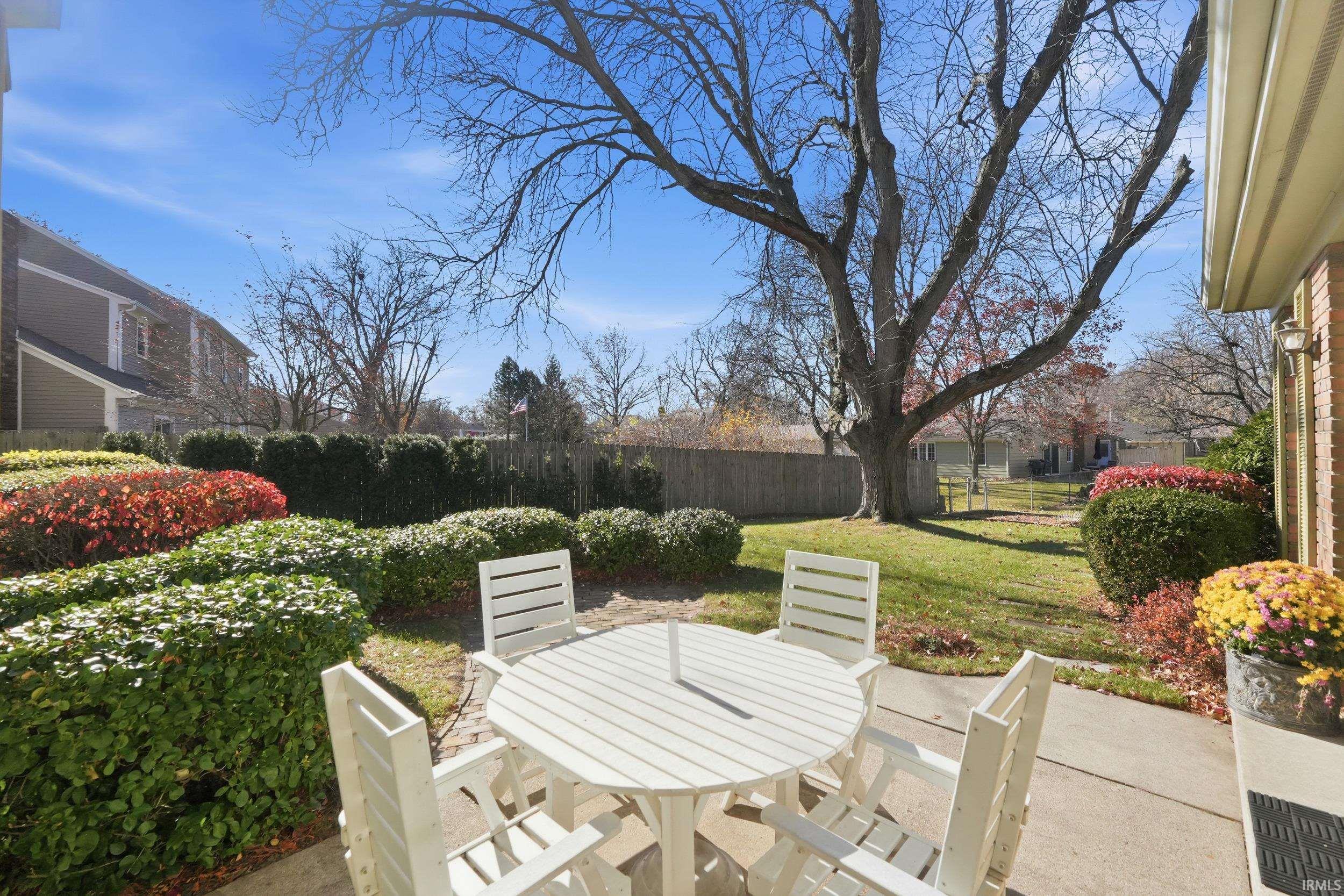 Fenced backyard with a patio and outdoor dining area