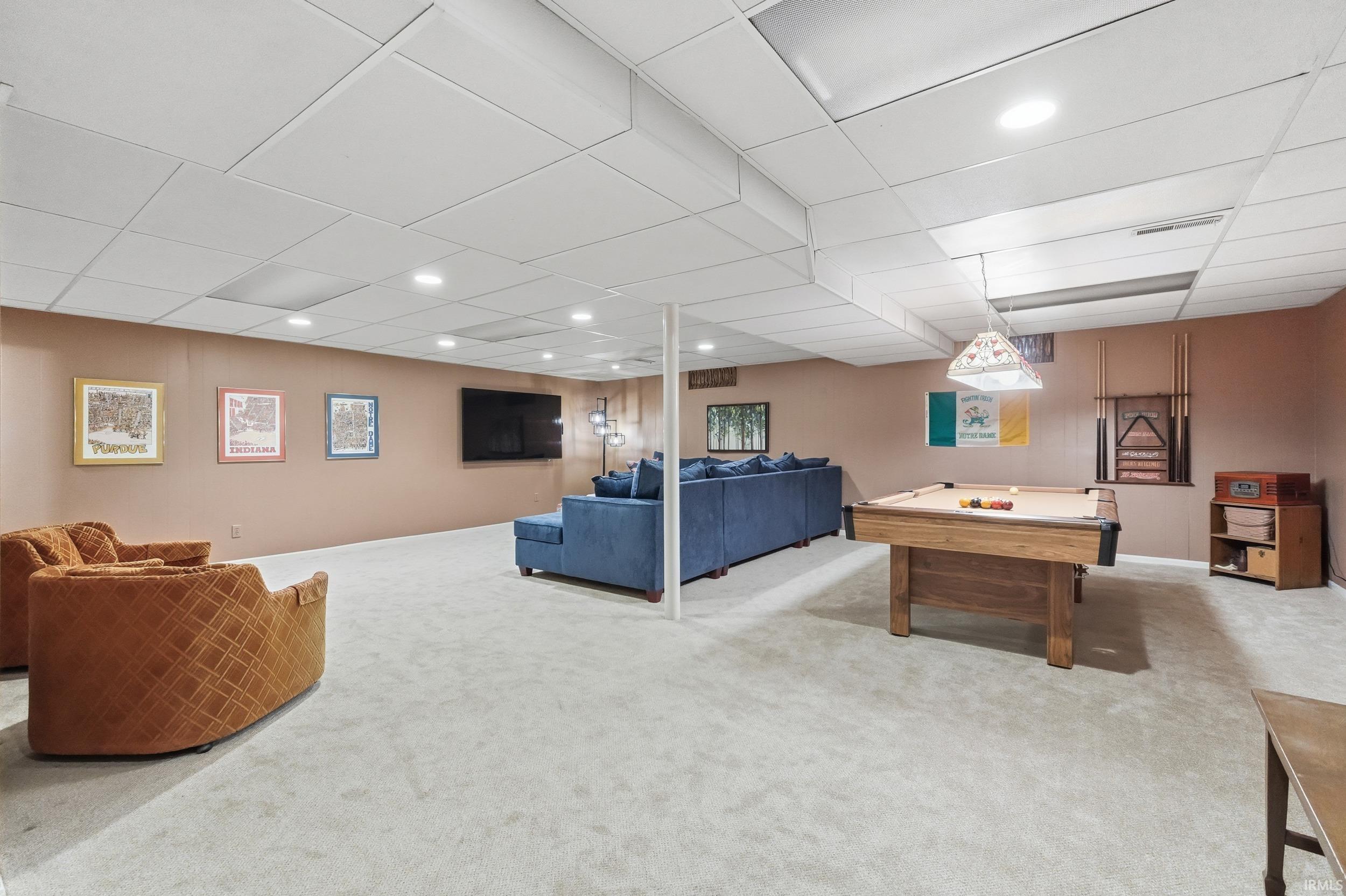 Game room featuring carpet floors, a drop ceiling, recessed lighting, and pool table