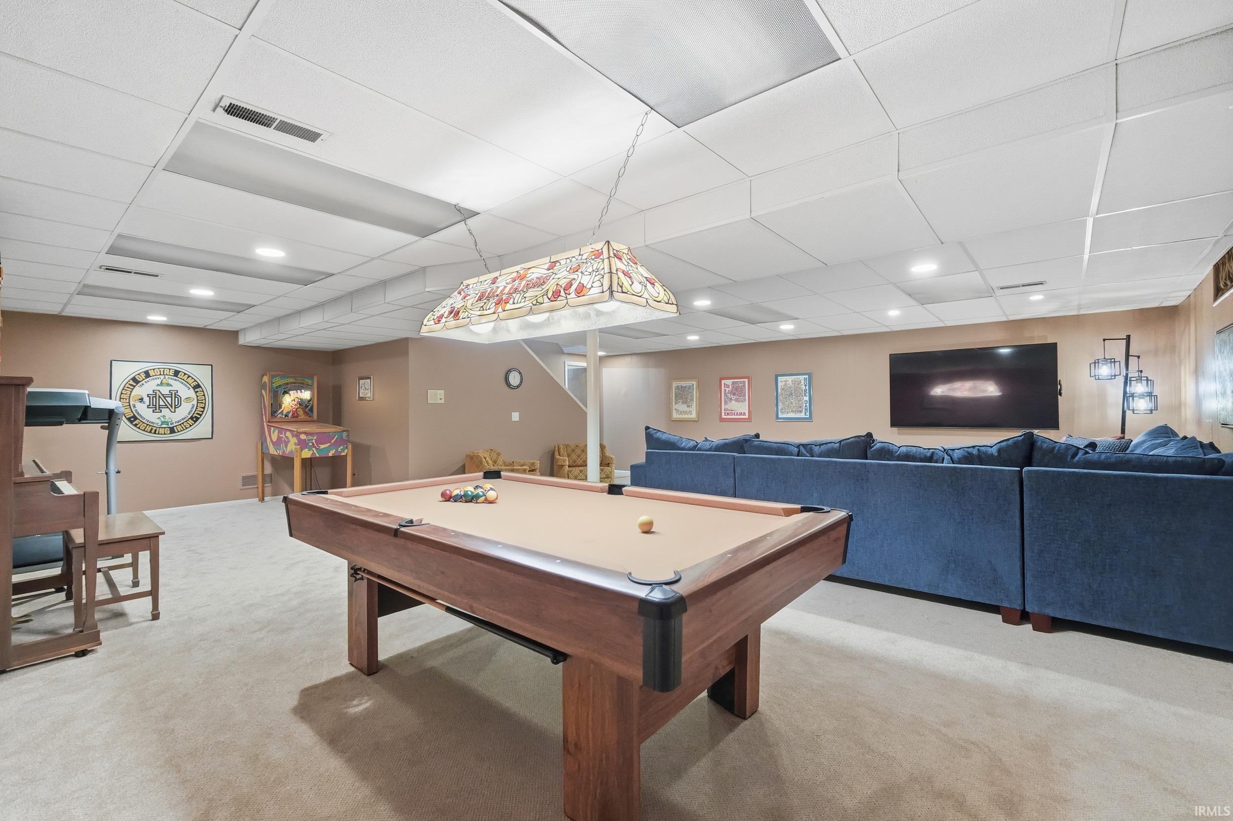 Recreation room with light colored carpet, a drop ceiling, billiards, and recessed lighting