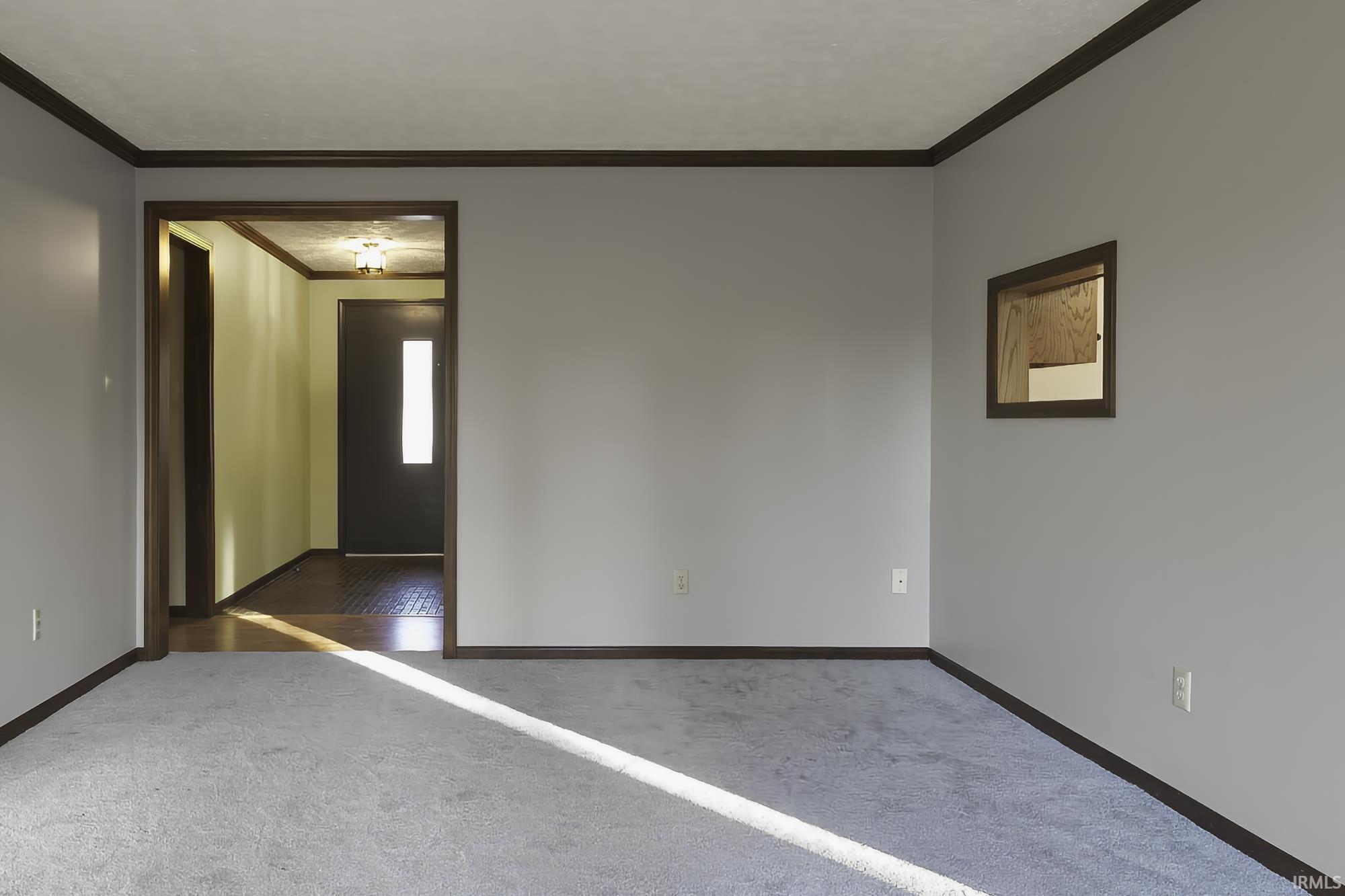 Carpeted spare room featuring ornamental molding
