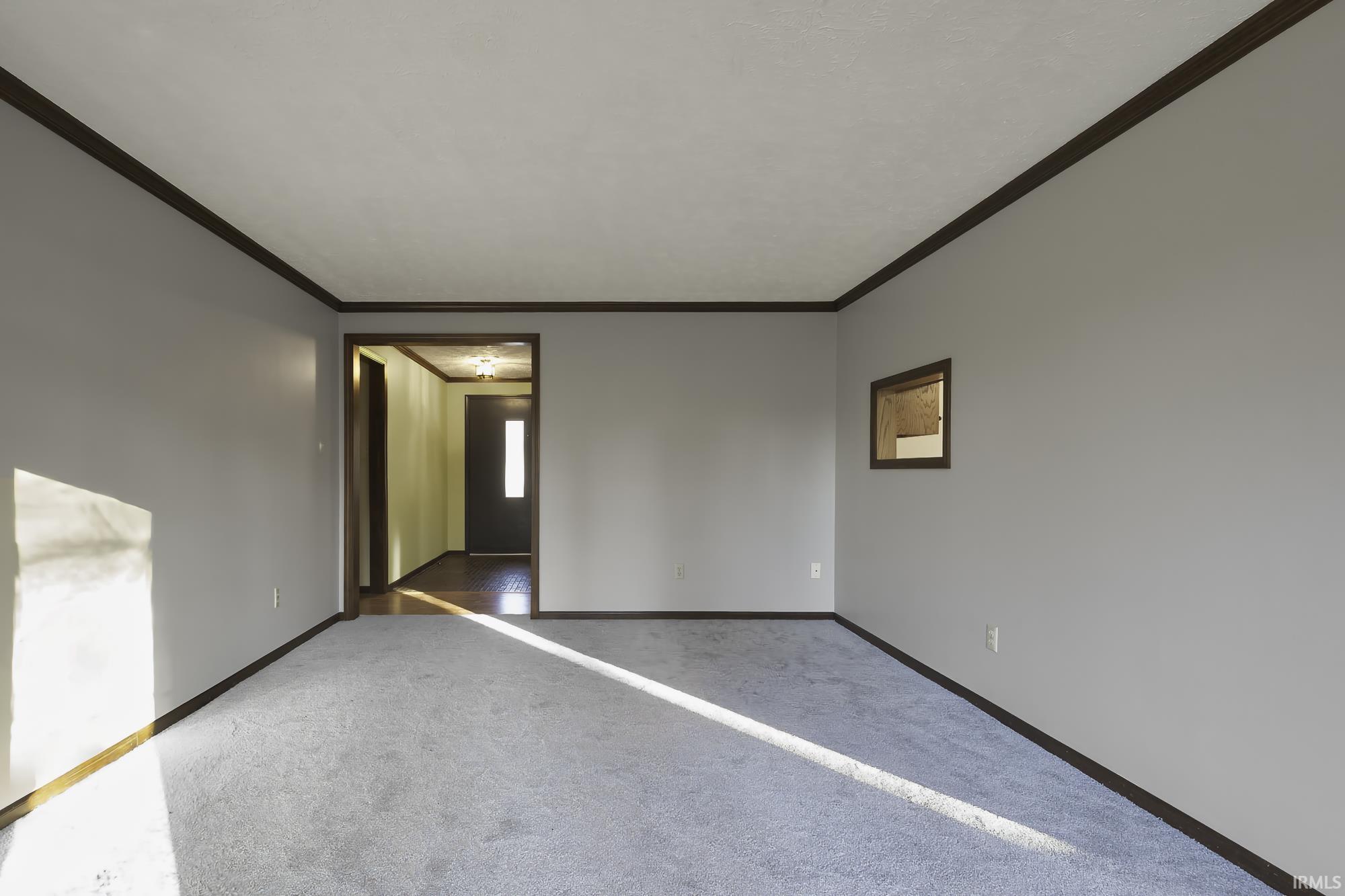 Carpeted empty room with crown molding