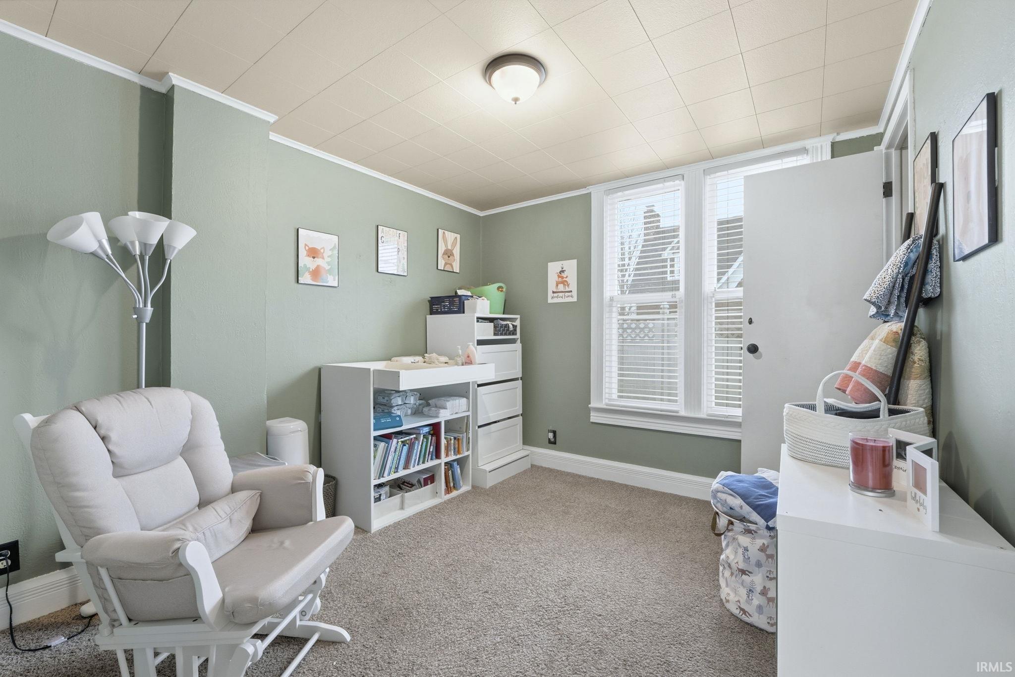 Sitting room with ornamental molding and light carpet