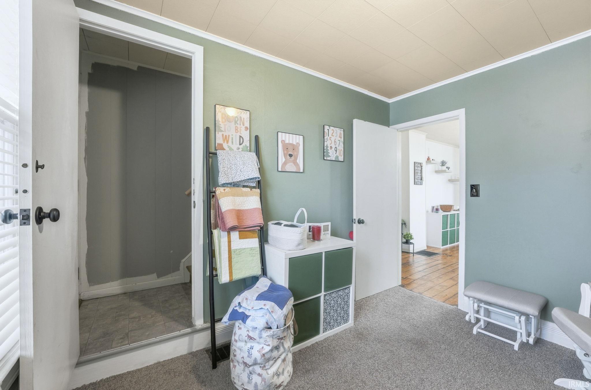 Bedroom with crown molding and carpet floors