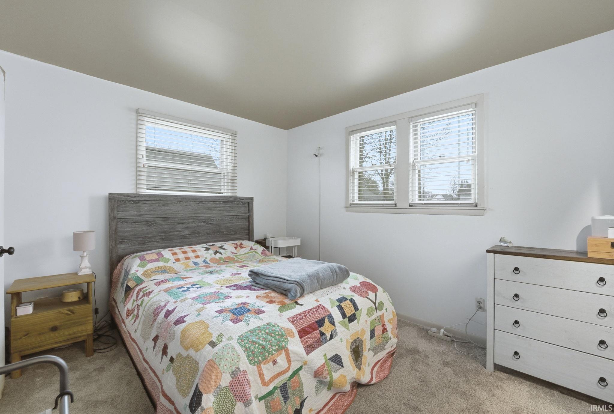 Bedroom with light carpet and multiple windows
