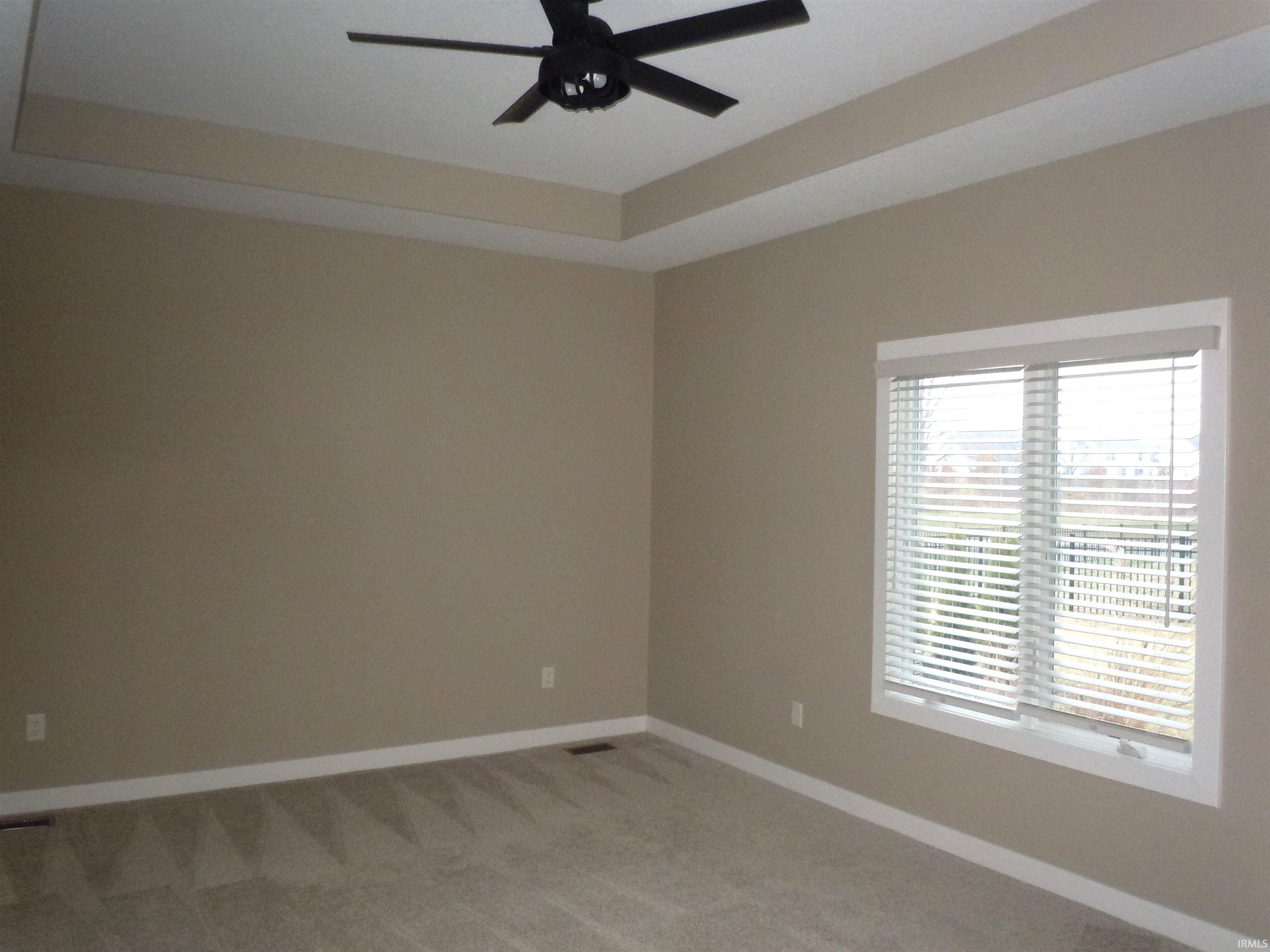 Unfurnished room featuring a tray ceiling, light carpet, and ceiling fan
