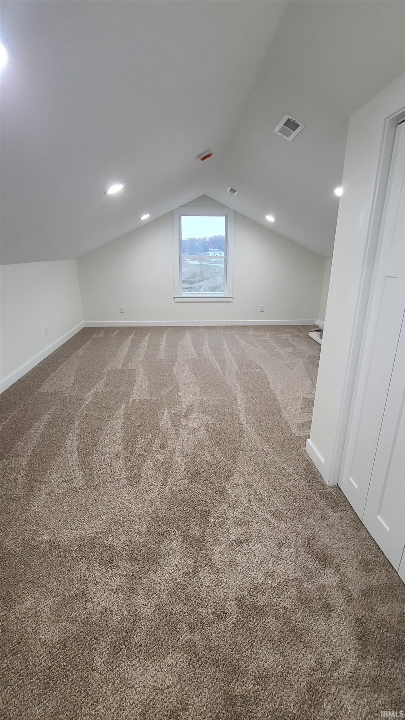 Additional living space featuring carpet and vaulted ceiling