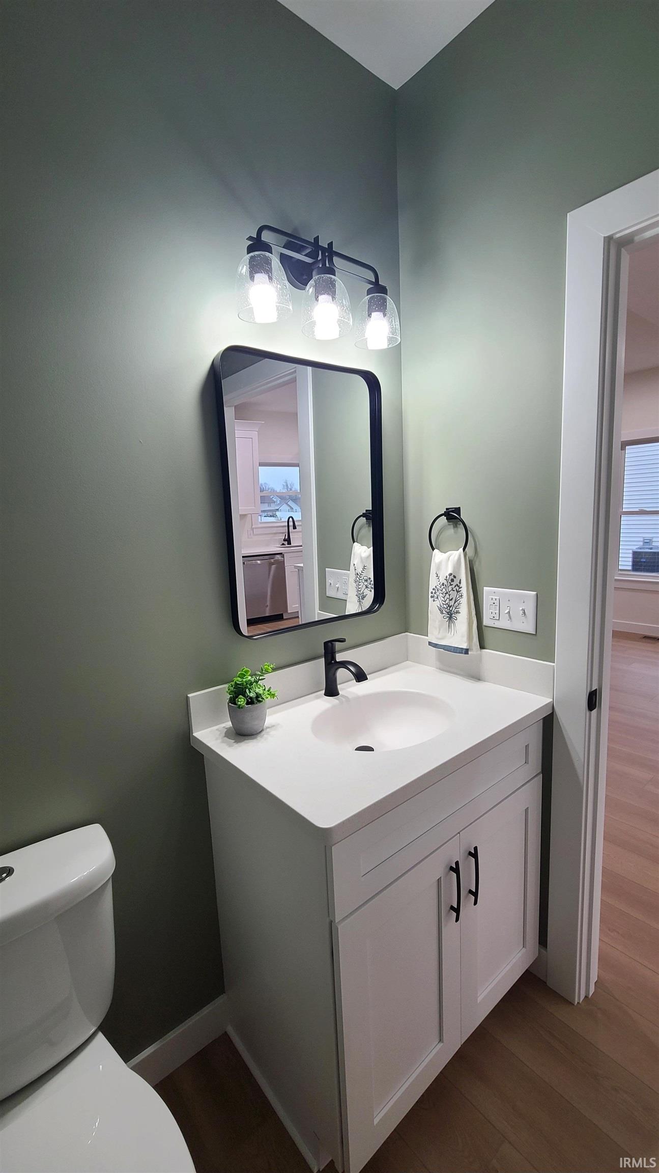 Bathroom with vanity and dark wood-type flooring