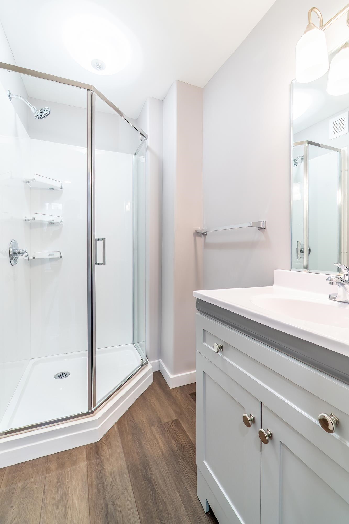 Bathroom with dark wood-type flooring, vanity, and a shower stall