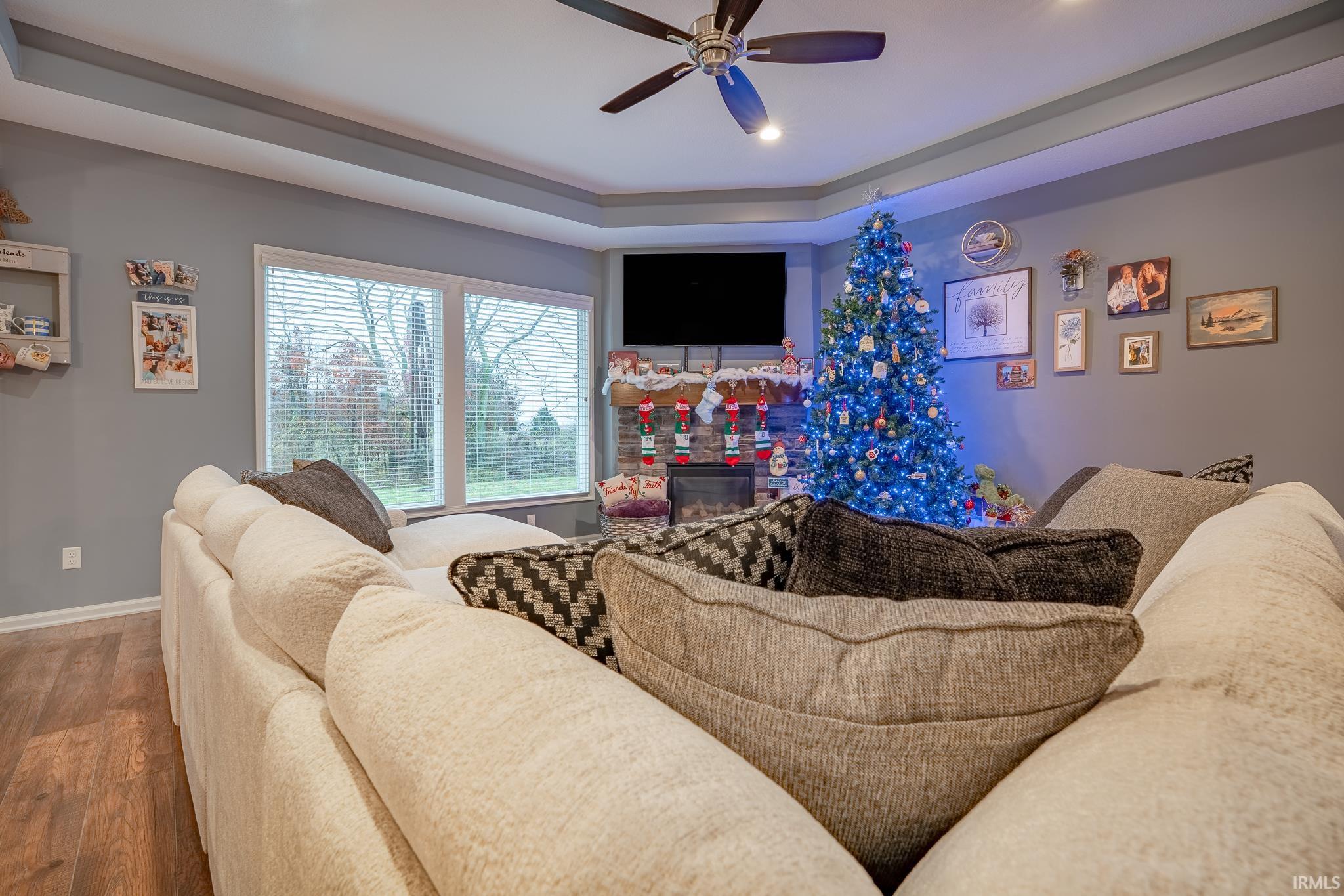 Living room with a raised ceiling, wood finished floors, and a ceiling fan