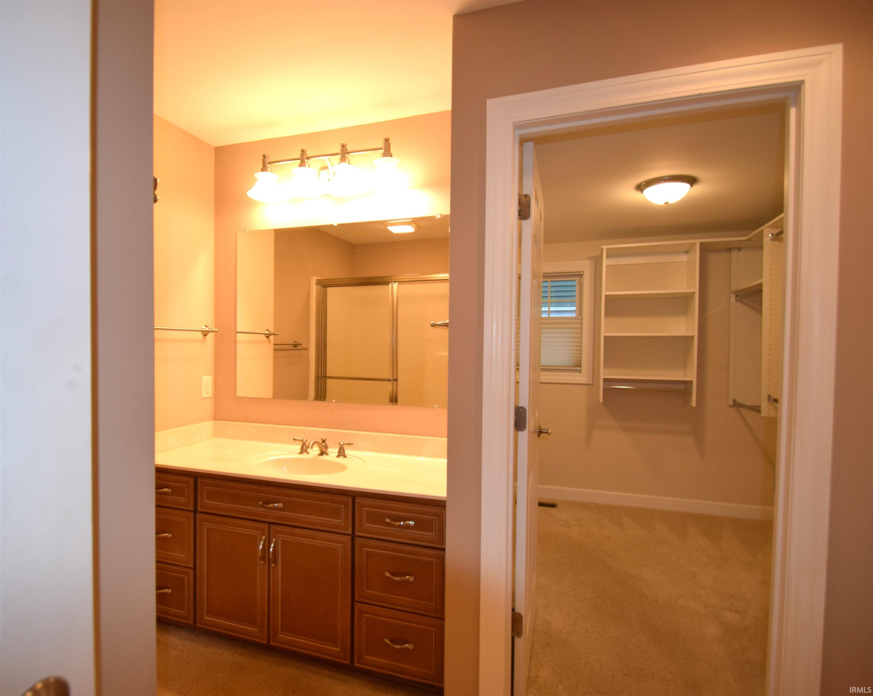 Bathroom featuring a spacious closet, vanity, light carpet, and a stall shower