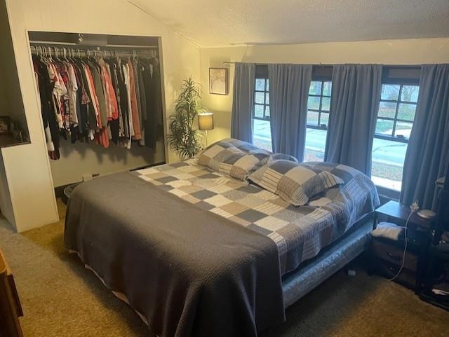 Bedroom with carpet floors, a textured ceiling, and a closet
