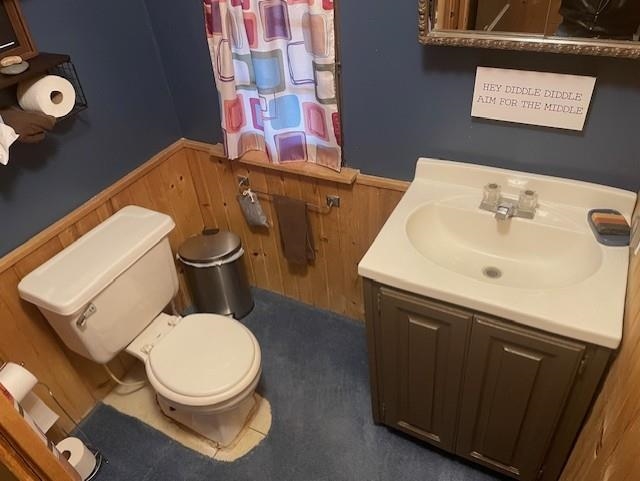 Bathroom featuring wooden walls, vanity, and wainscoting