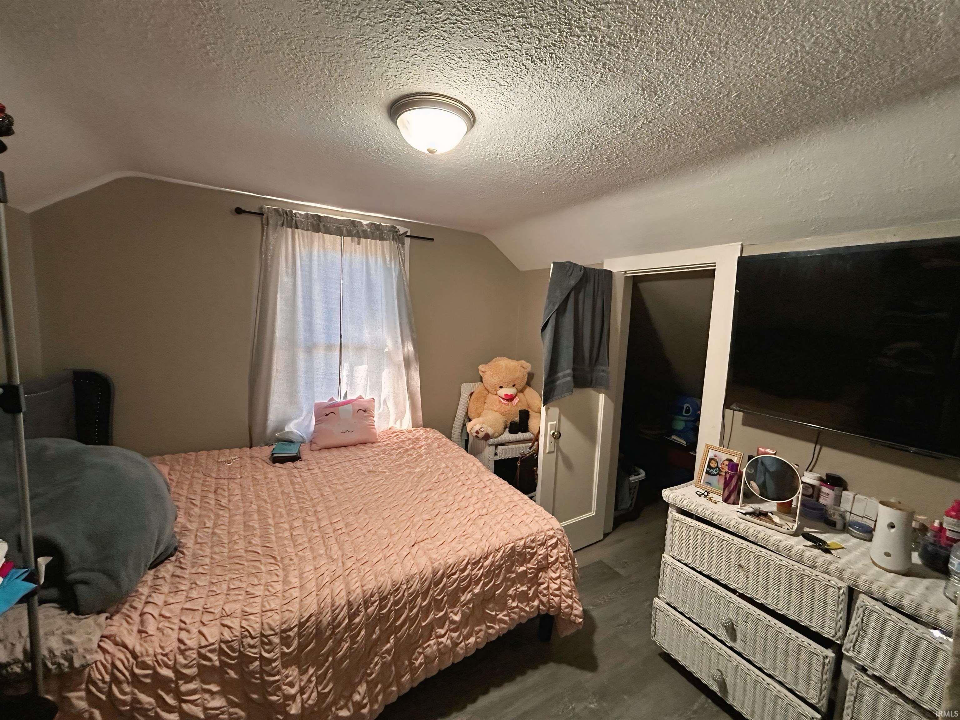 Bedroom with lofted ceiling, a textured ceiling, and dark wood-style floors