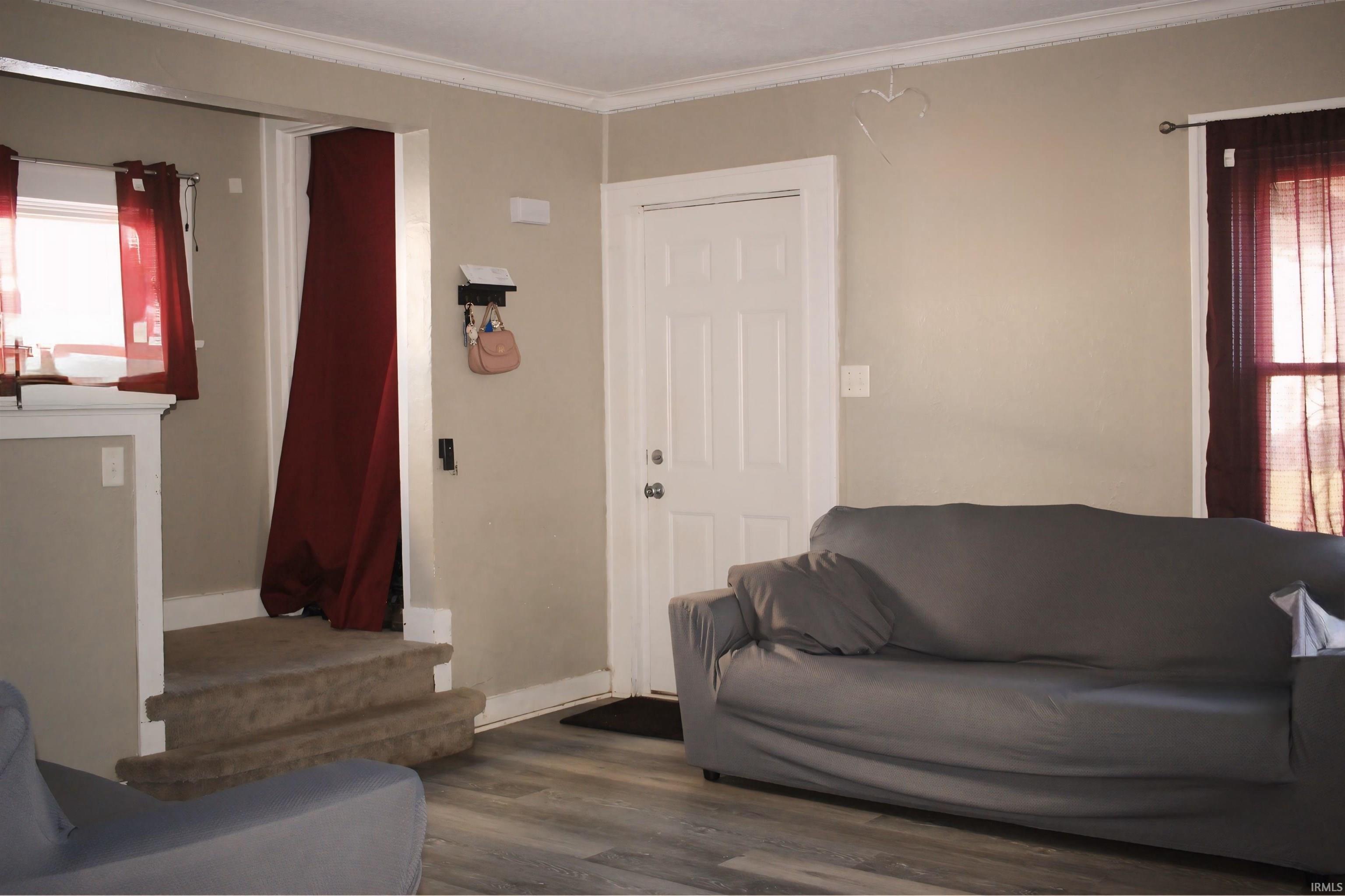 Living area featuring dark wood-style floors and crown molding