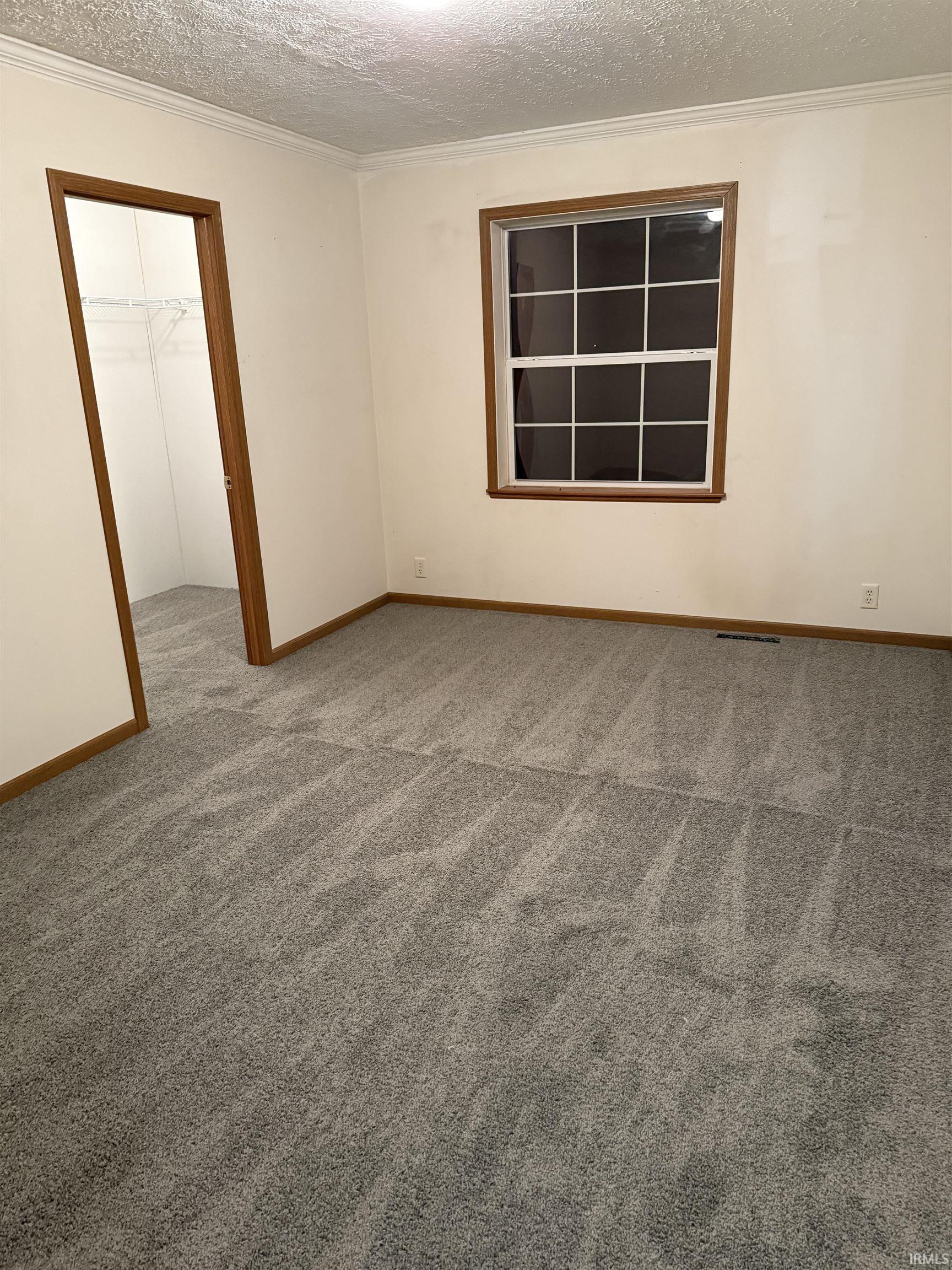 Unfurnished room featuring a textured ceiling, carpet floors, and ornamental molding