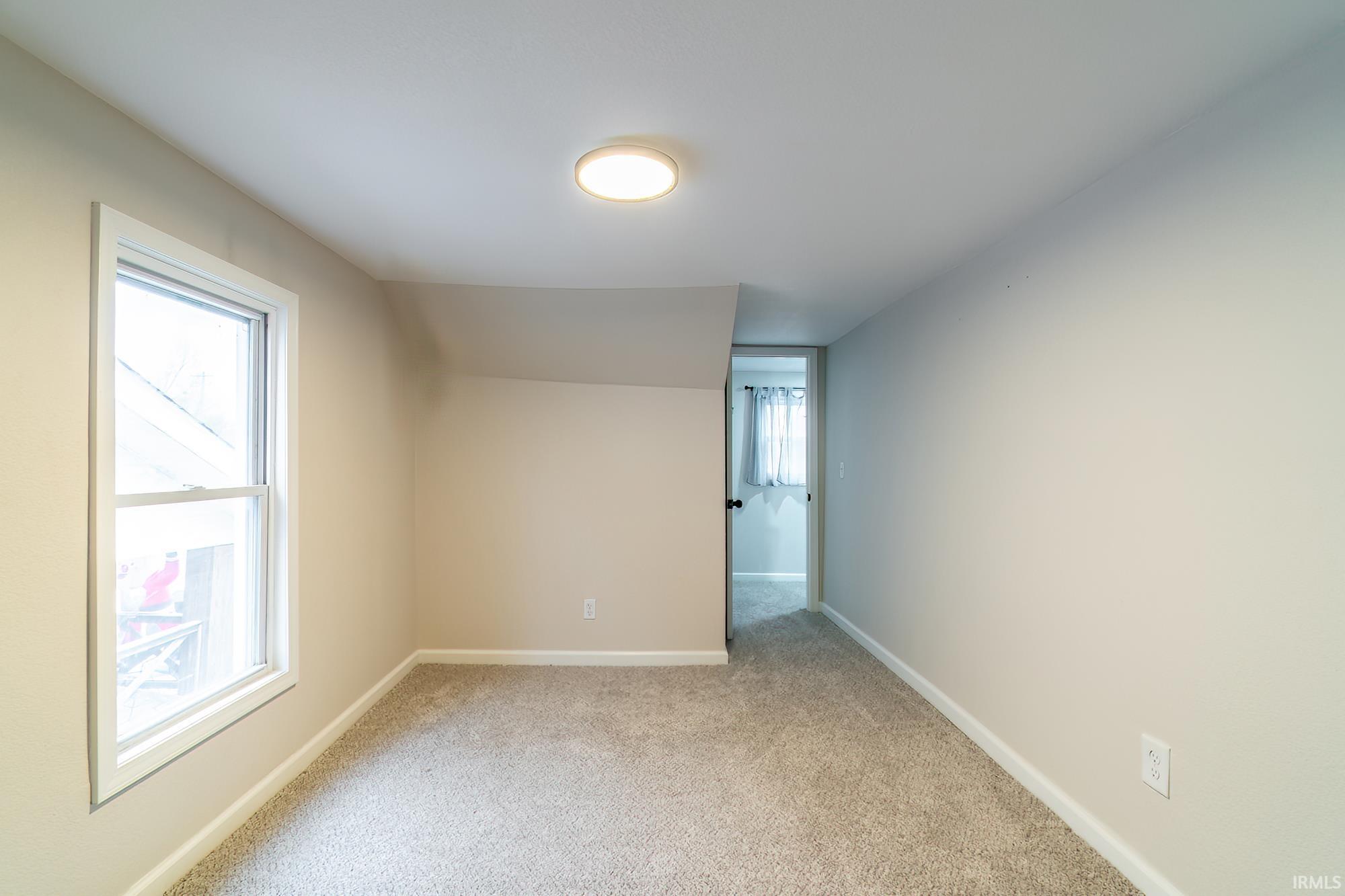 Bonus room with light colored carpet and baseboards
