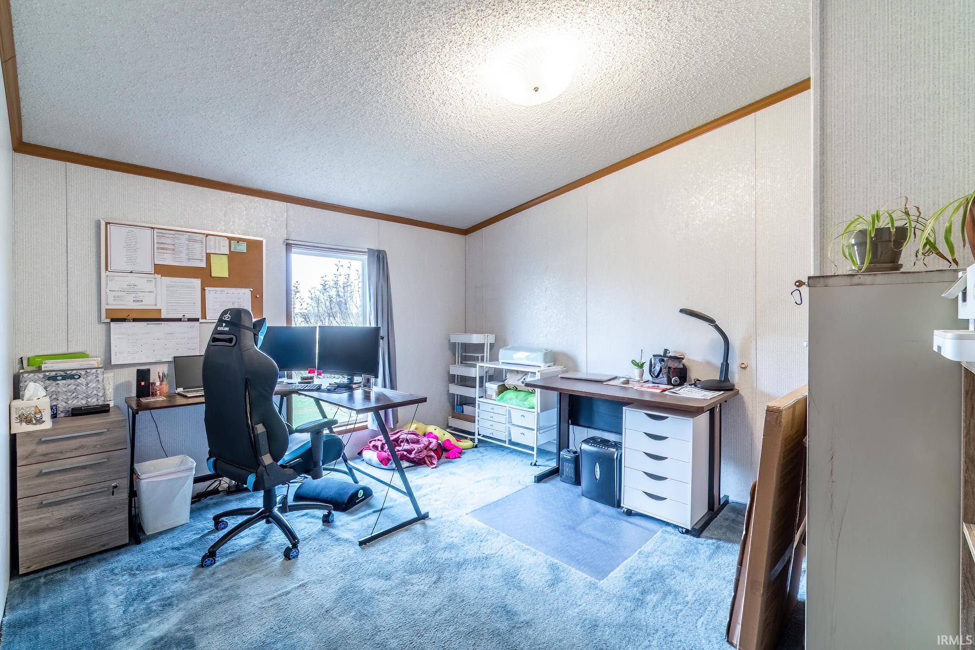 Carpeted home office featuring ornamental molding and a textured ceiling