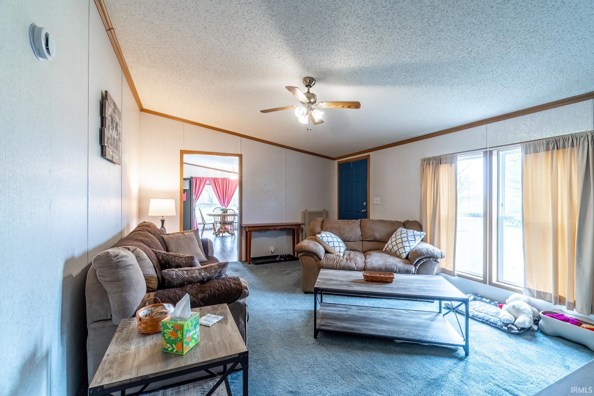 Living area with healthy amount of natural light, ornamental molding, ceiling fan, carpet, and a textured ceiling