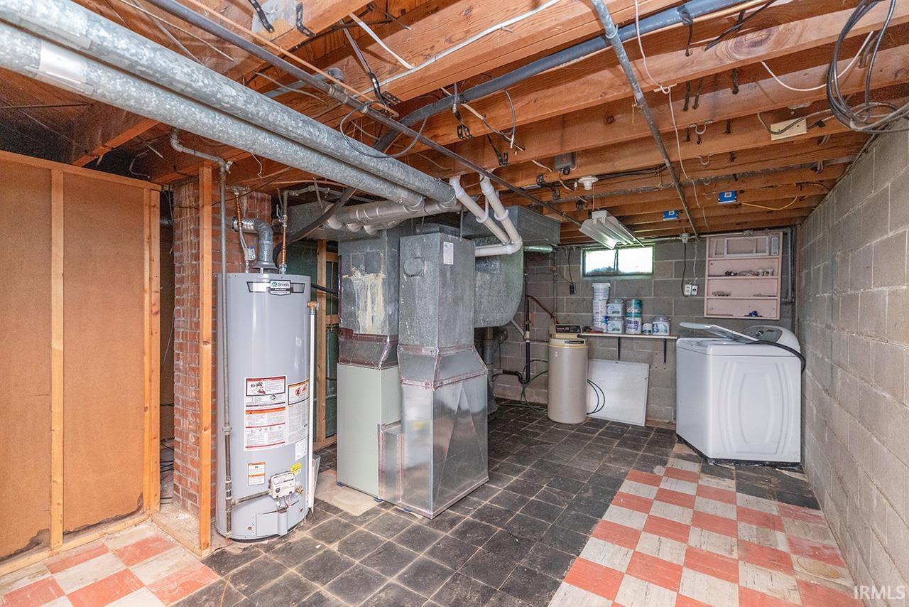 Below grade area featuring water heater, heating unit, a water softener, and dark flooring