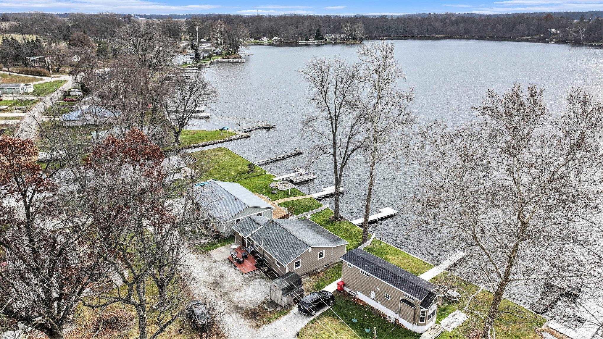 Aerial view of residential area with a large body of water