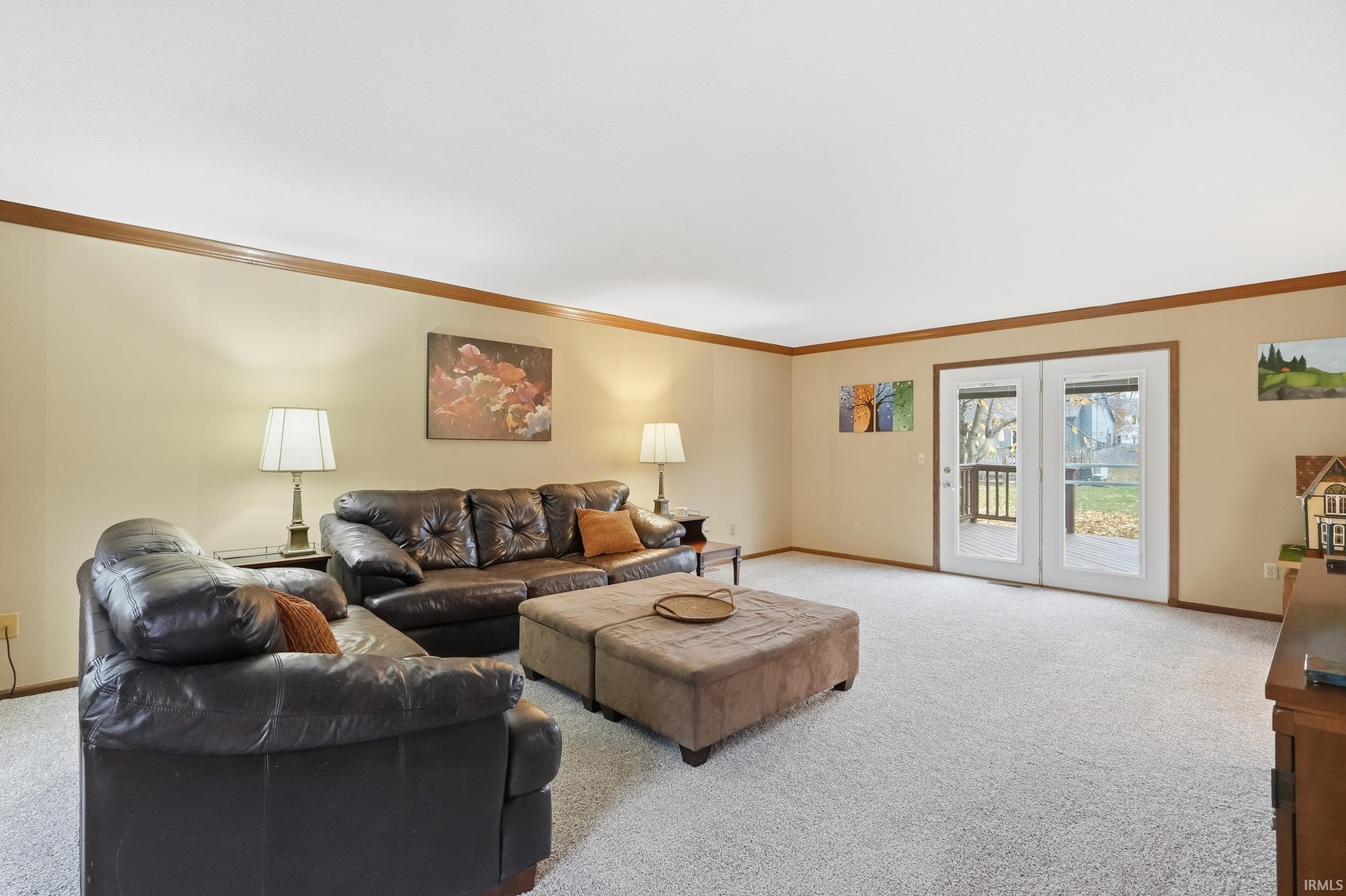 Living area featuring carpet flooring and crown molding
