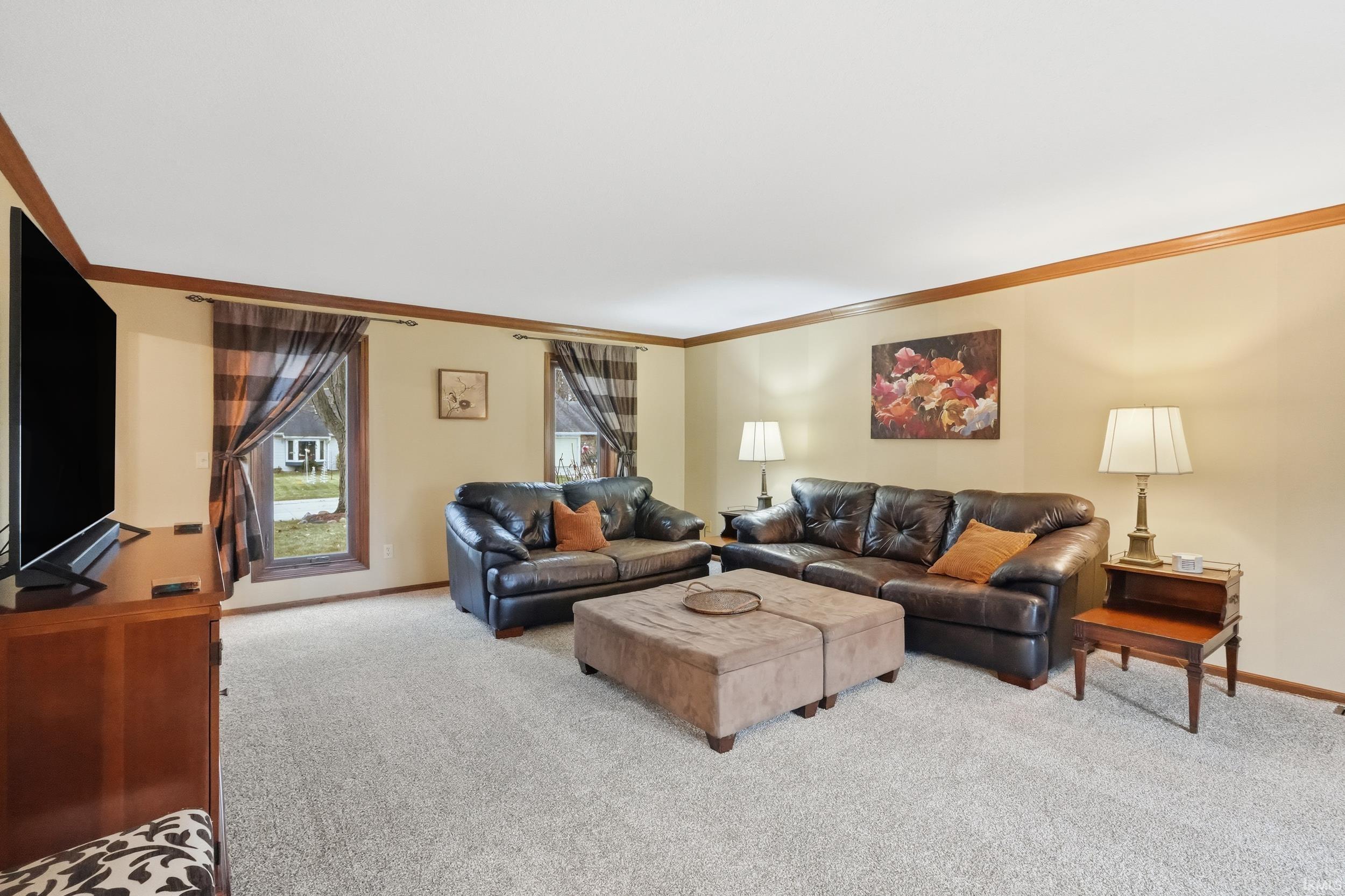 Carpeted living area with ornamental molding