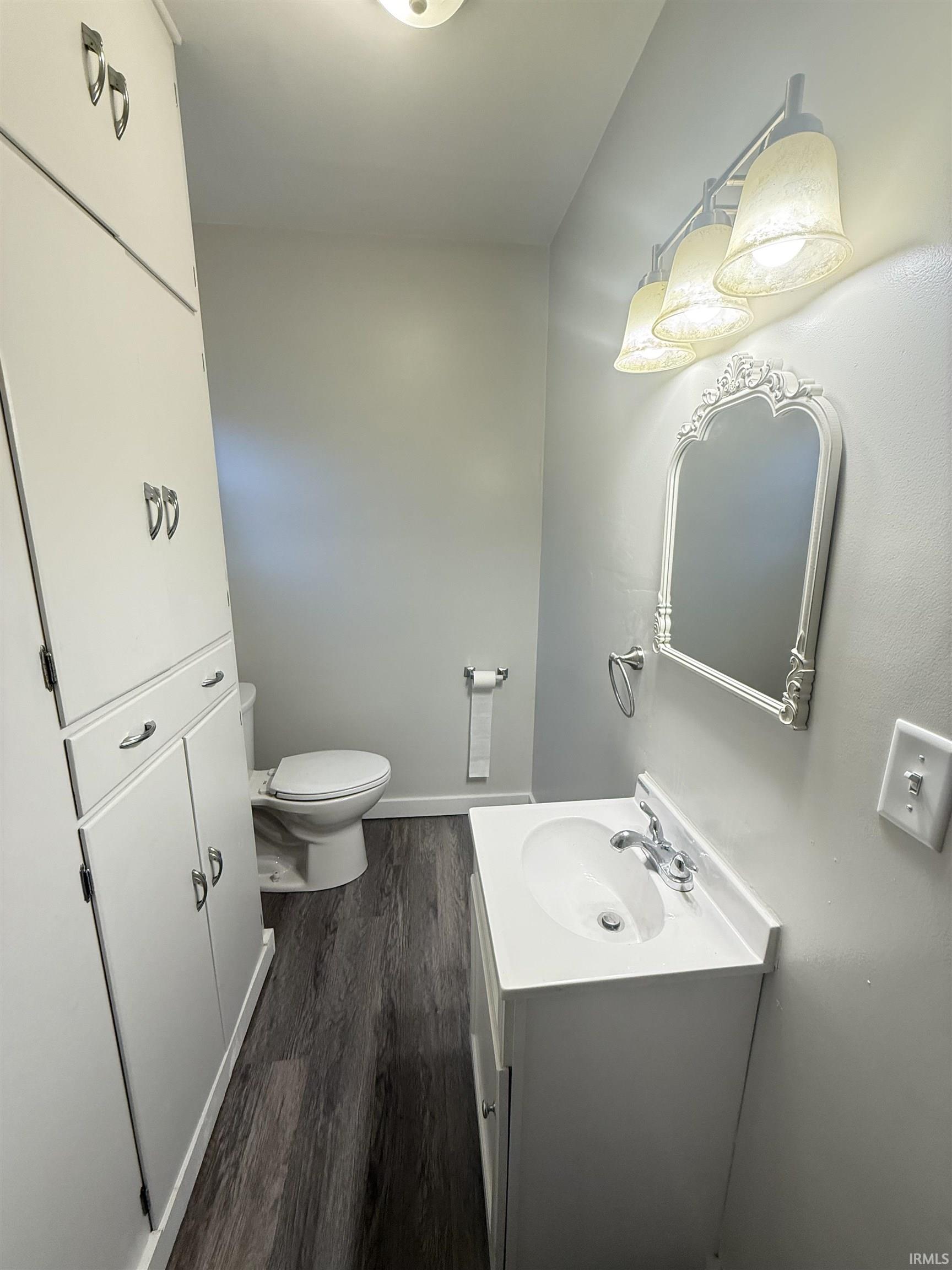 Bathroom featuring vanity and dark wood finished floors