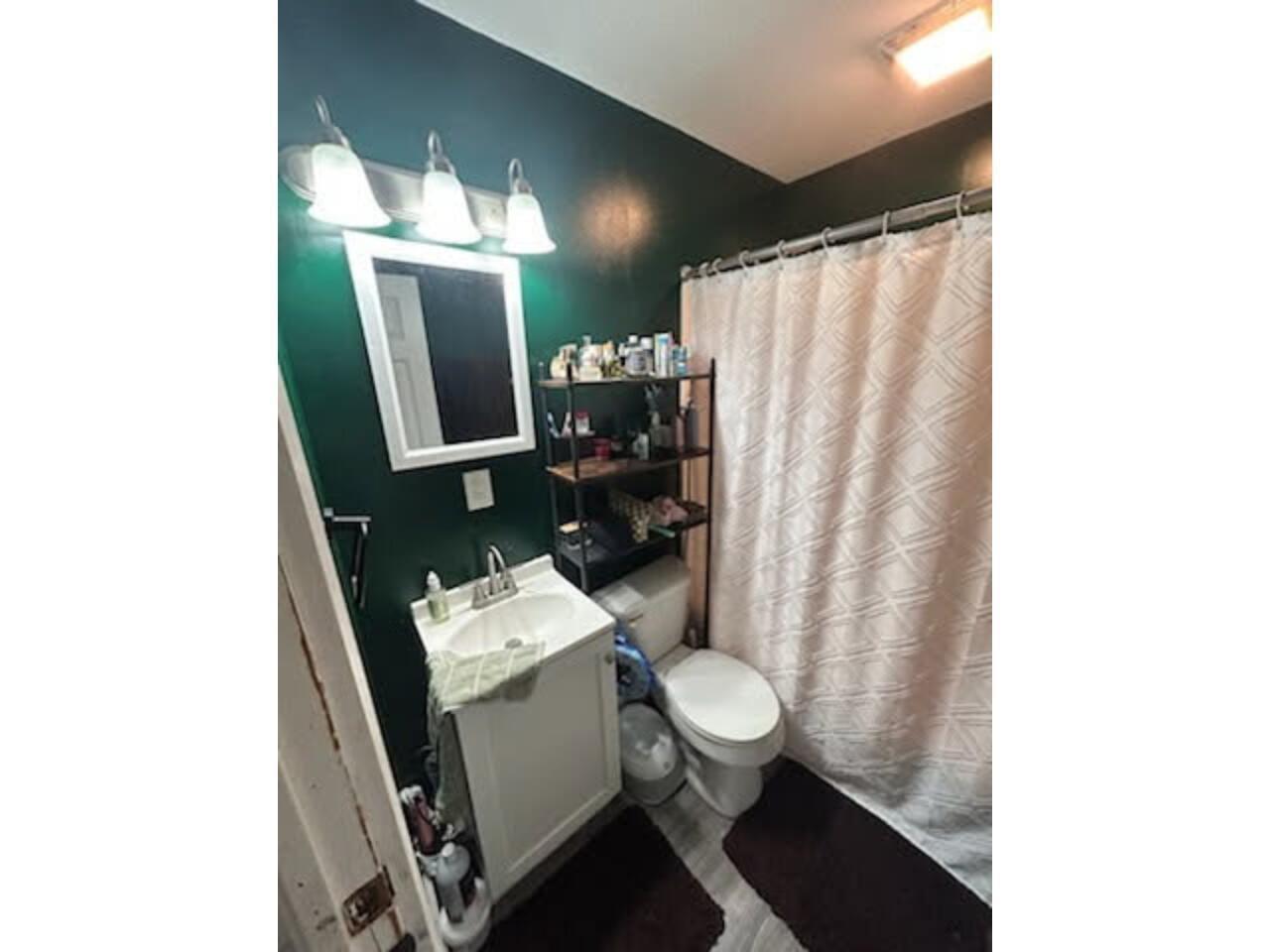Full bathroom with vanity, a shower with curtain, and light wood finished floors
