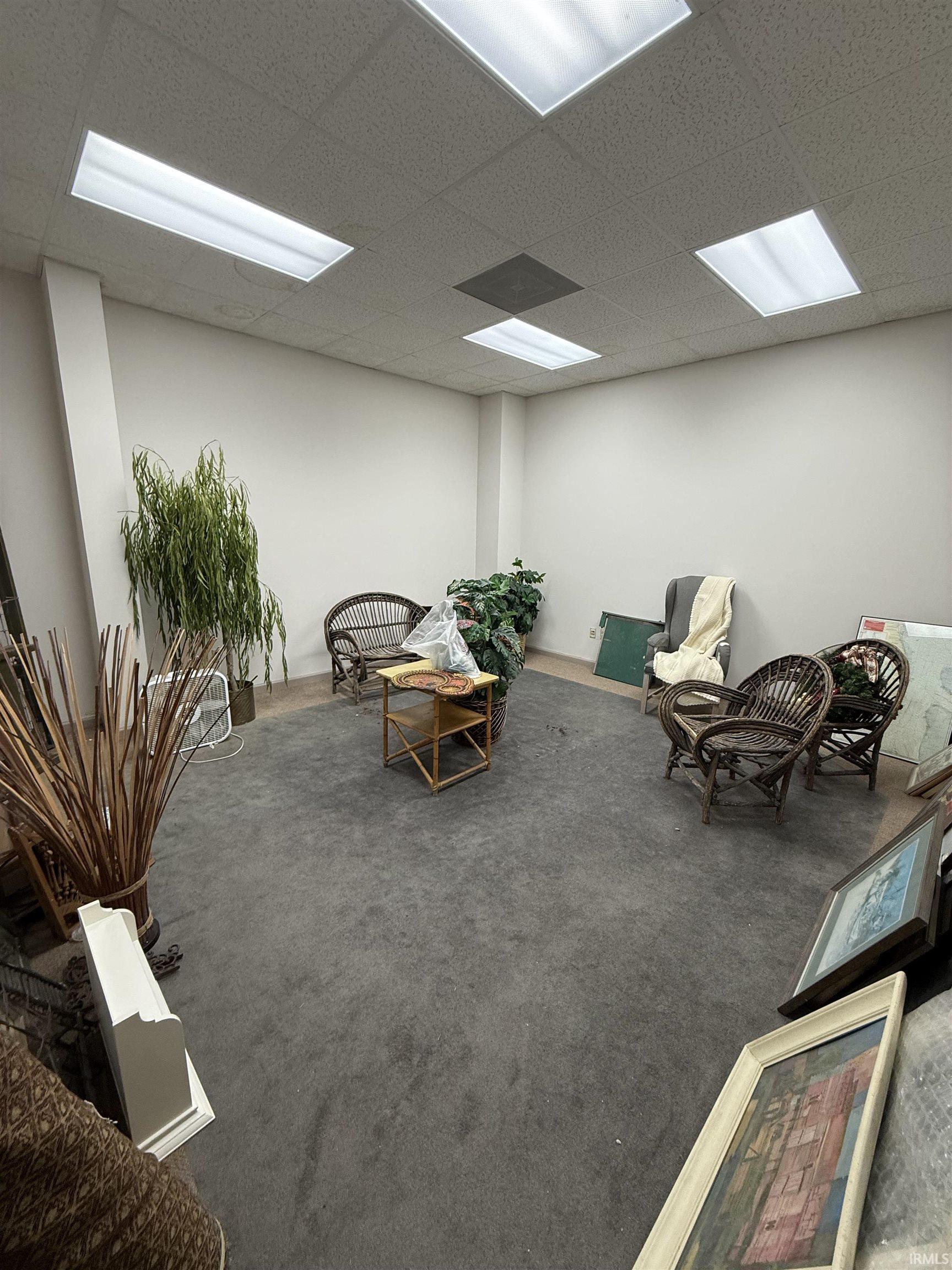 Living area with carpet and a drop ceiling