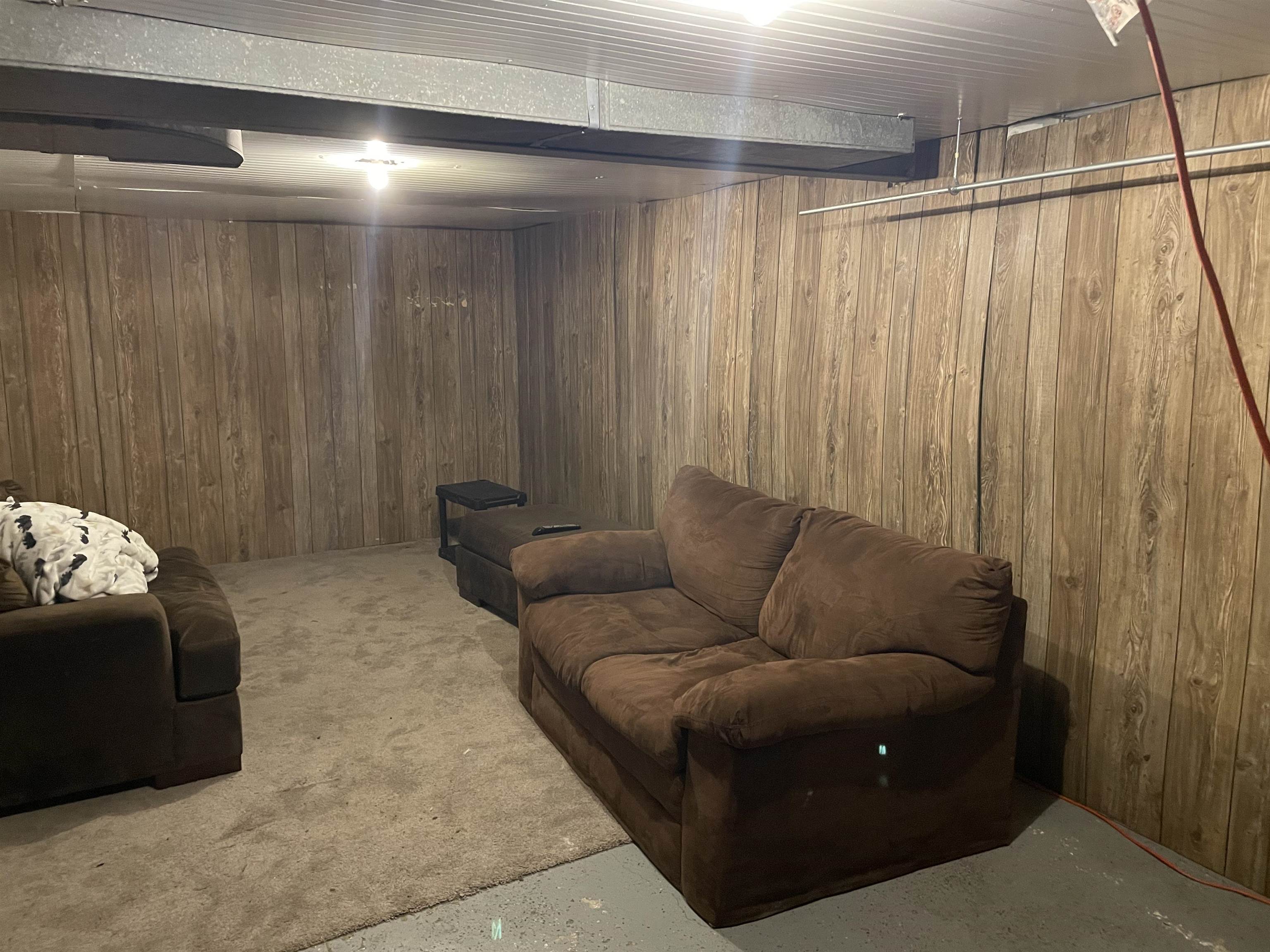 Carpeted living area with wood walls