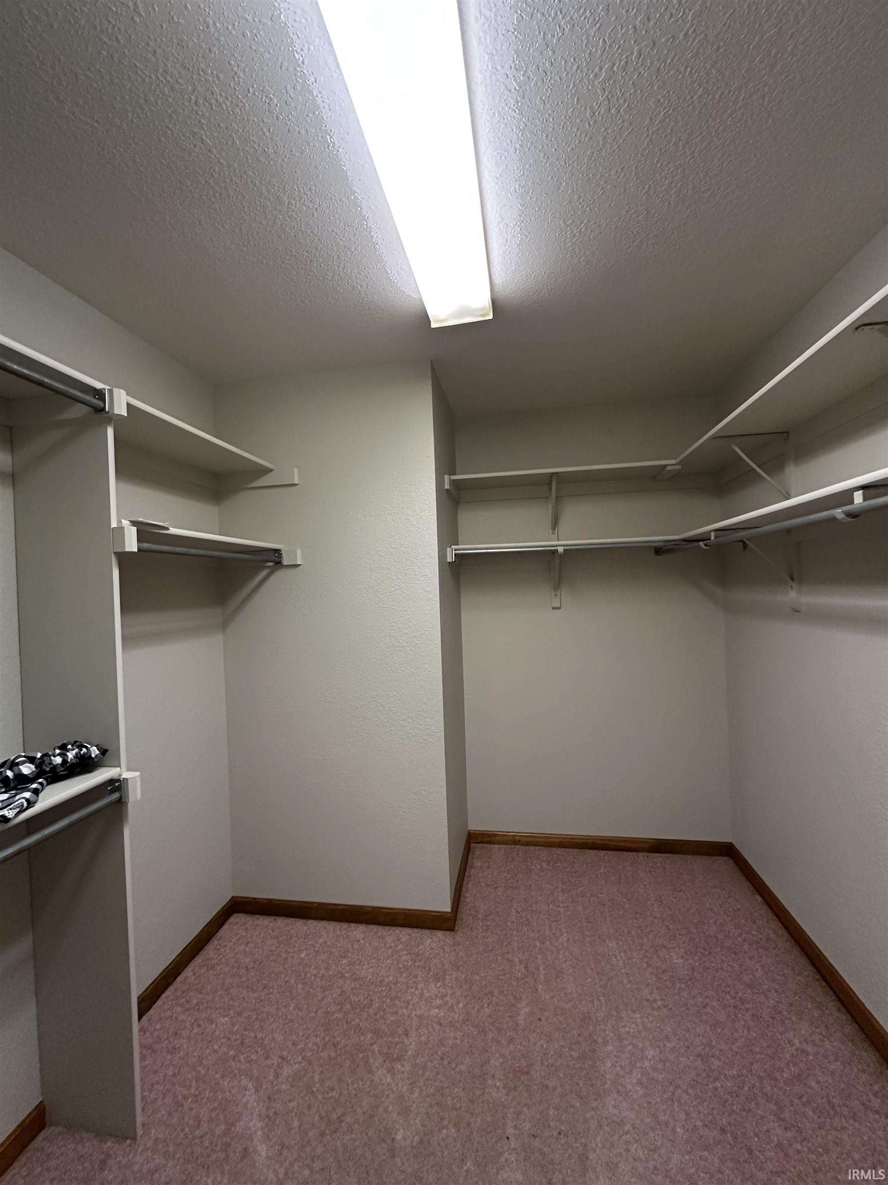 Spacious closet with dark colored carpet
