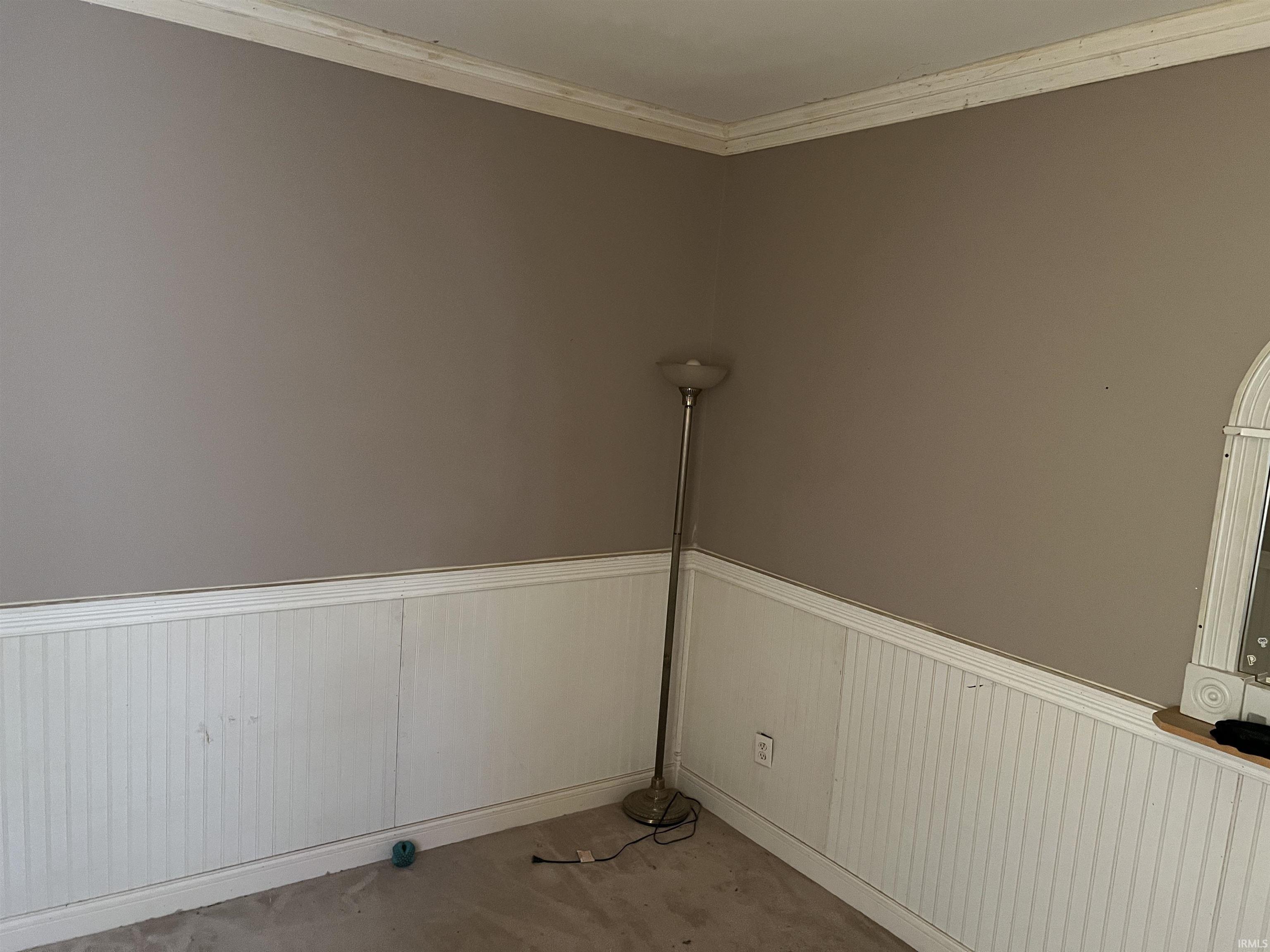 Spare room with a wainscoted wall and crown molding