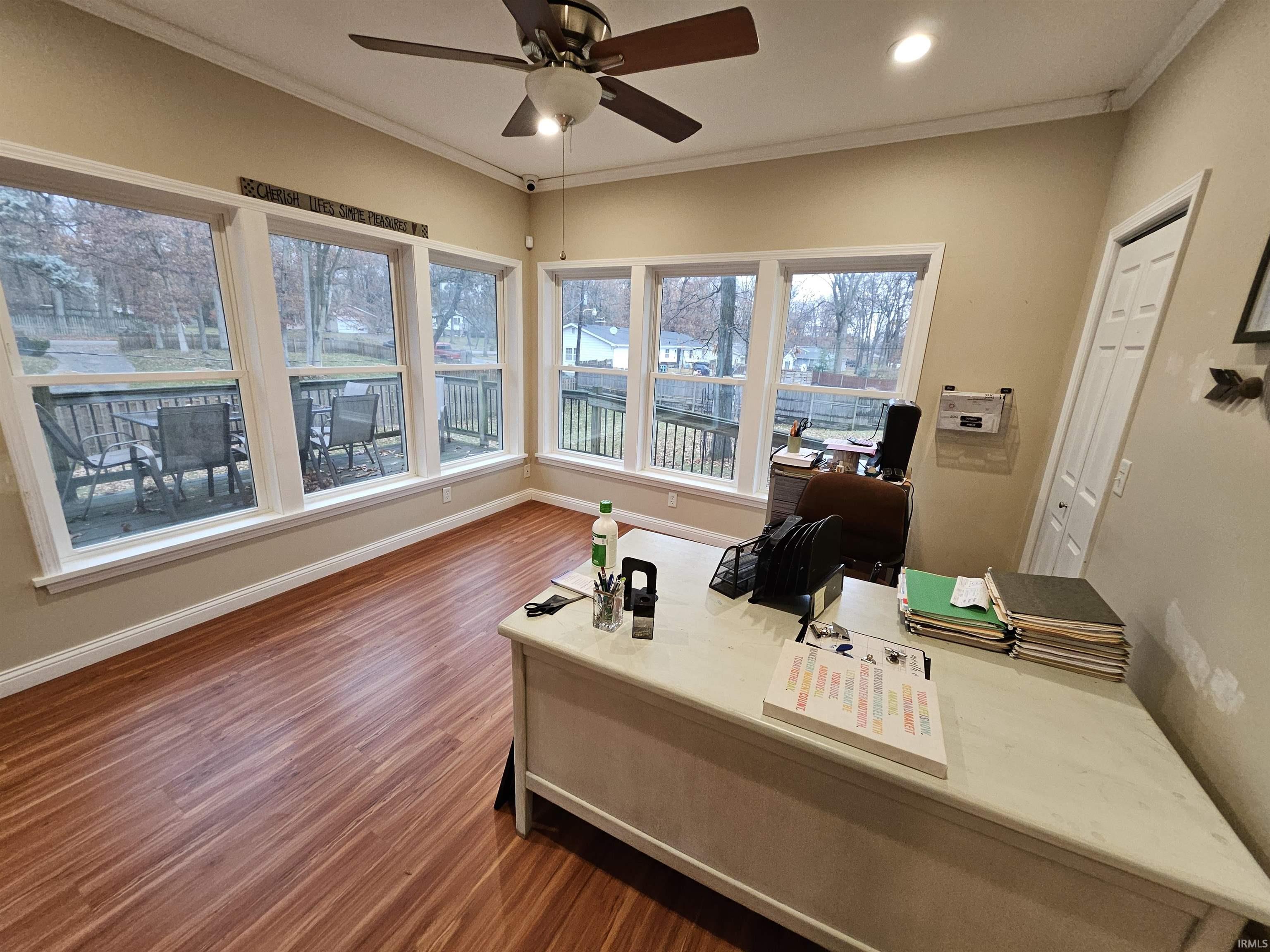 Home office with ornamental molding, dark wood-style flooring, a ceiling fan, and recessed lighting