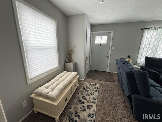 Entryway with a textured ceiling and carpet