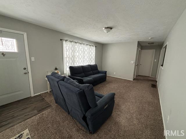 Living area featuring a textured ceiling, healthy amount of natural light, and dark carpet