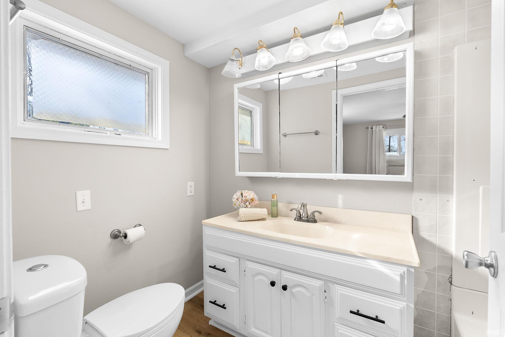 Bathroom with vanity, healthy amount of natural light, and dark wood finished floors