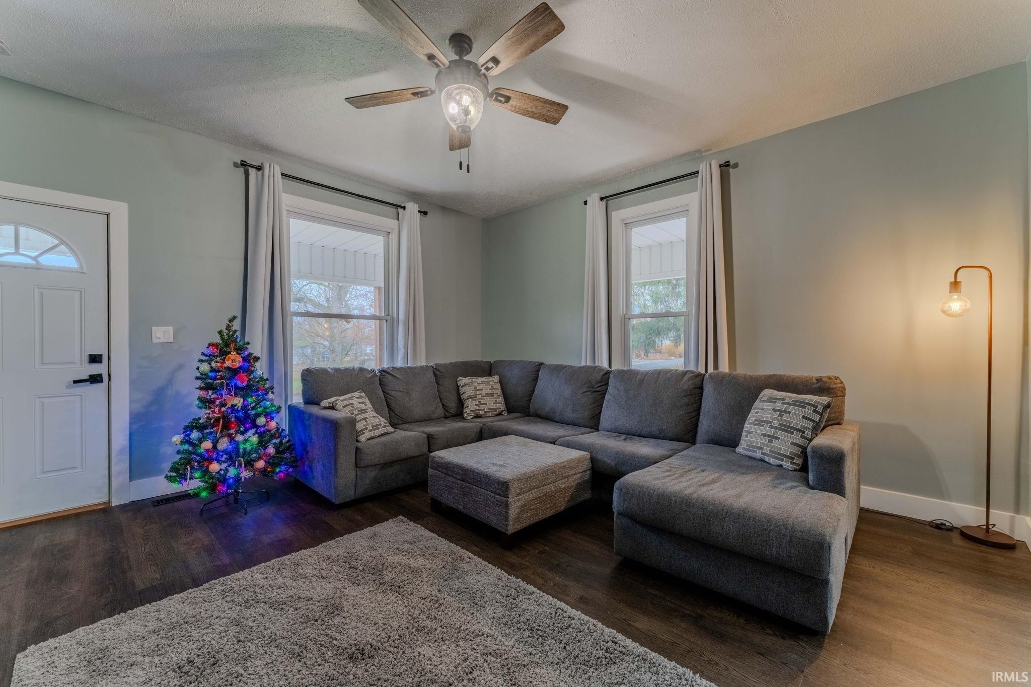 Living room featuring dark wood-style floors, a textured ceiling, and a ceiling fan