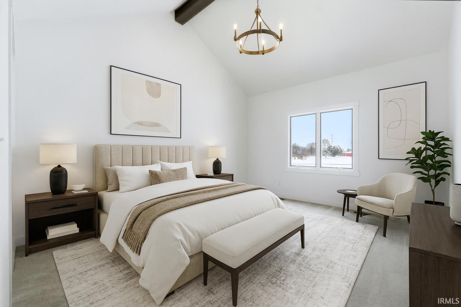 Bedroom with beamed ceiling, a chandelier, carpet, and high vaulted ceiling